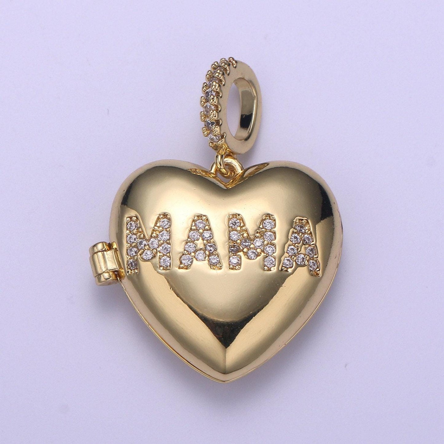 Heart gold best mom ever micro pave locket pendant, gold silver open locket cubic zirconia pave mom charm necklace