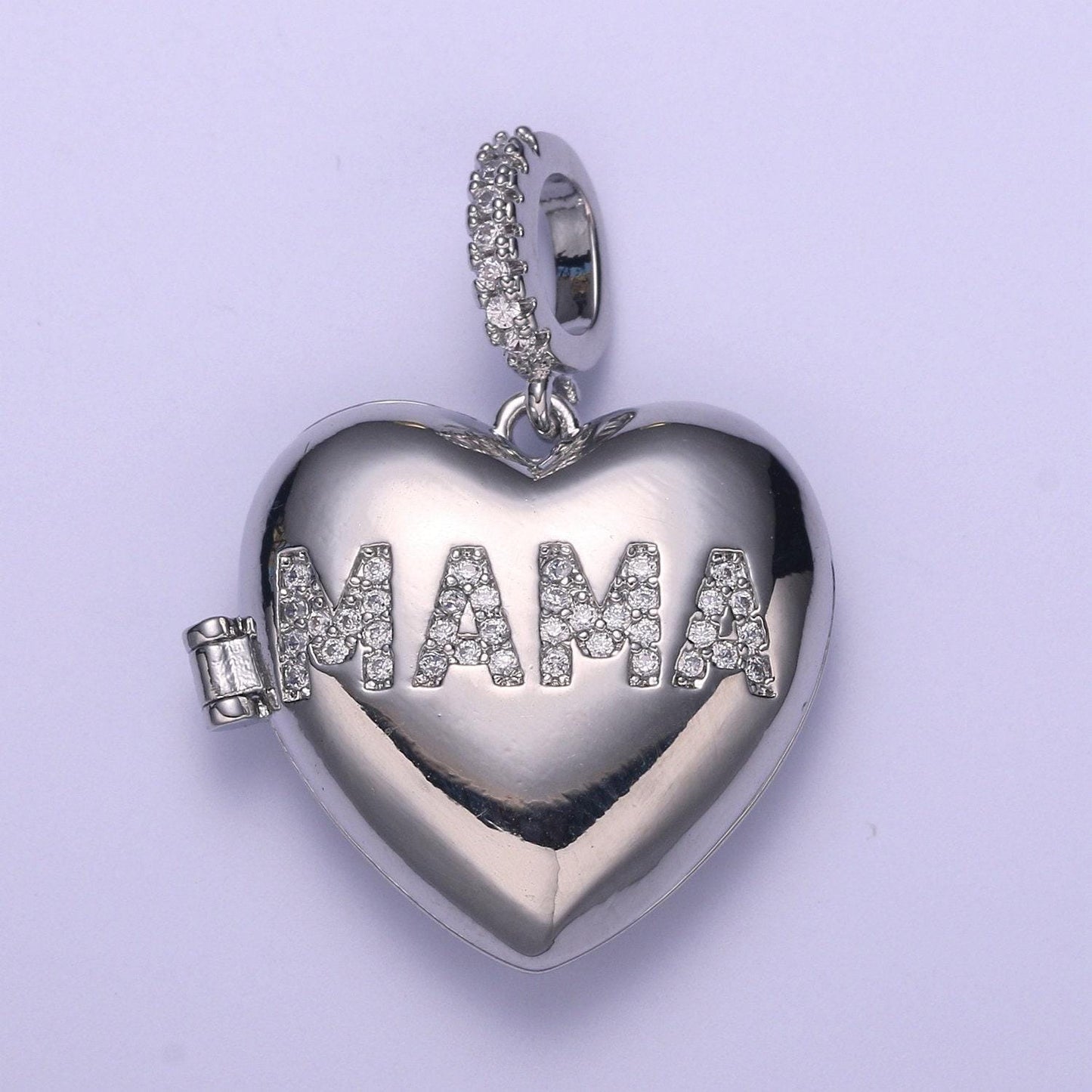 Heart gold best mom ever micro pave locket pendant, gold silver open locket cubic zirconia pave mom charm necklace