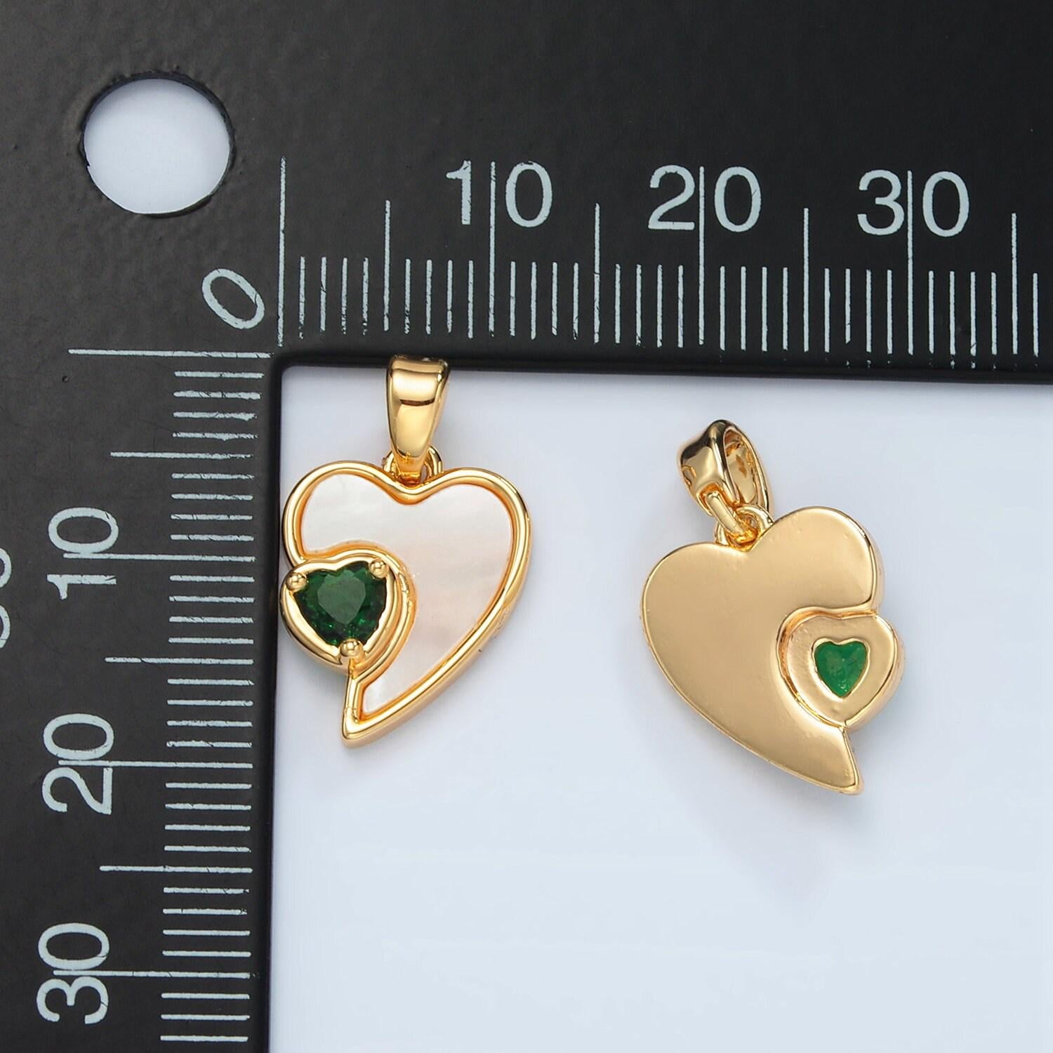 24k gold filled shell pearl charm heart charms pendant with green cz stone for bracelet necklace earring charm h739