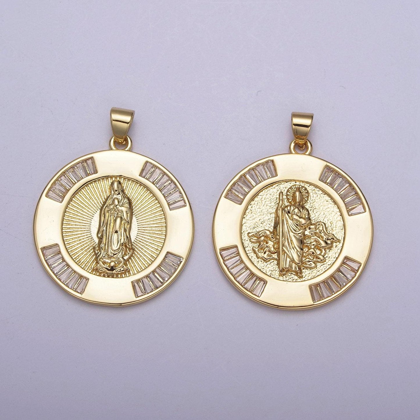 Gold religious pendant : miraculous virgin mother mary/saint jude san judas tadeo cadena, round mirco pave cz for diy jewelry making h-733