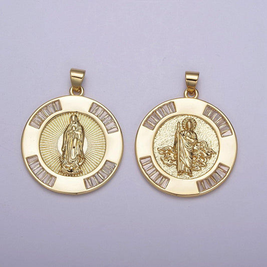 Gold religious pendant : miraculous virgin mother mary/saint jude san judas tadeo cadena, round mirco pave cz for diy jewelry making h-733