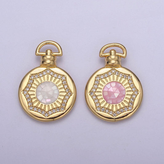24k gold round pink/white circle medallion with micro pave cubic zirconia love & friendship gift, charm pendant for jewelry making findings