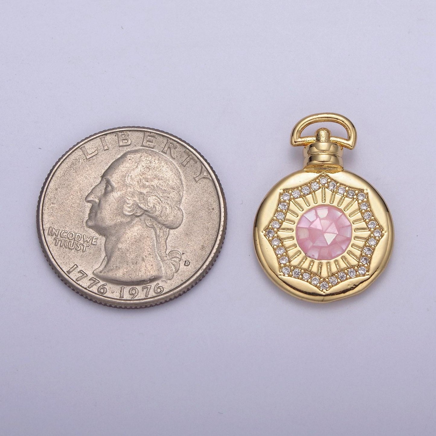 24k gold round pink/white circle medallion with micro pave cubic zirconia love & friendship gift, charm pendant for jewelry making findings