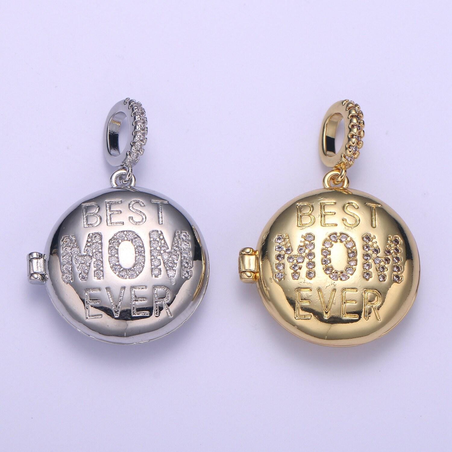 Gold best mom ever micro pave locket pendant, gold silver open locket cubic zirconia pave mom charm necklace