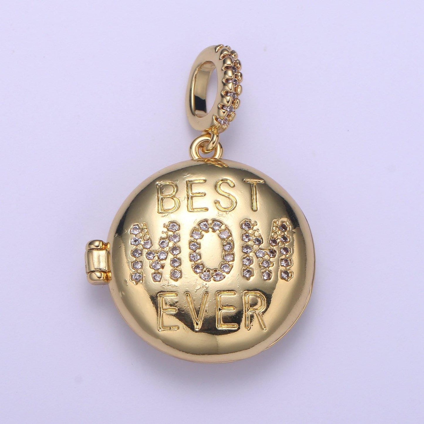 Gold best mom ever micro pave locket pendant, gold silver open locket cubic zirconia pave mom charm necklace