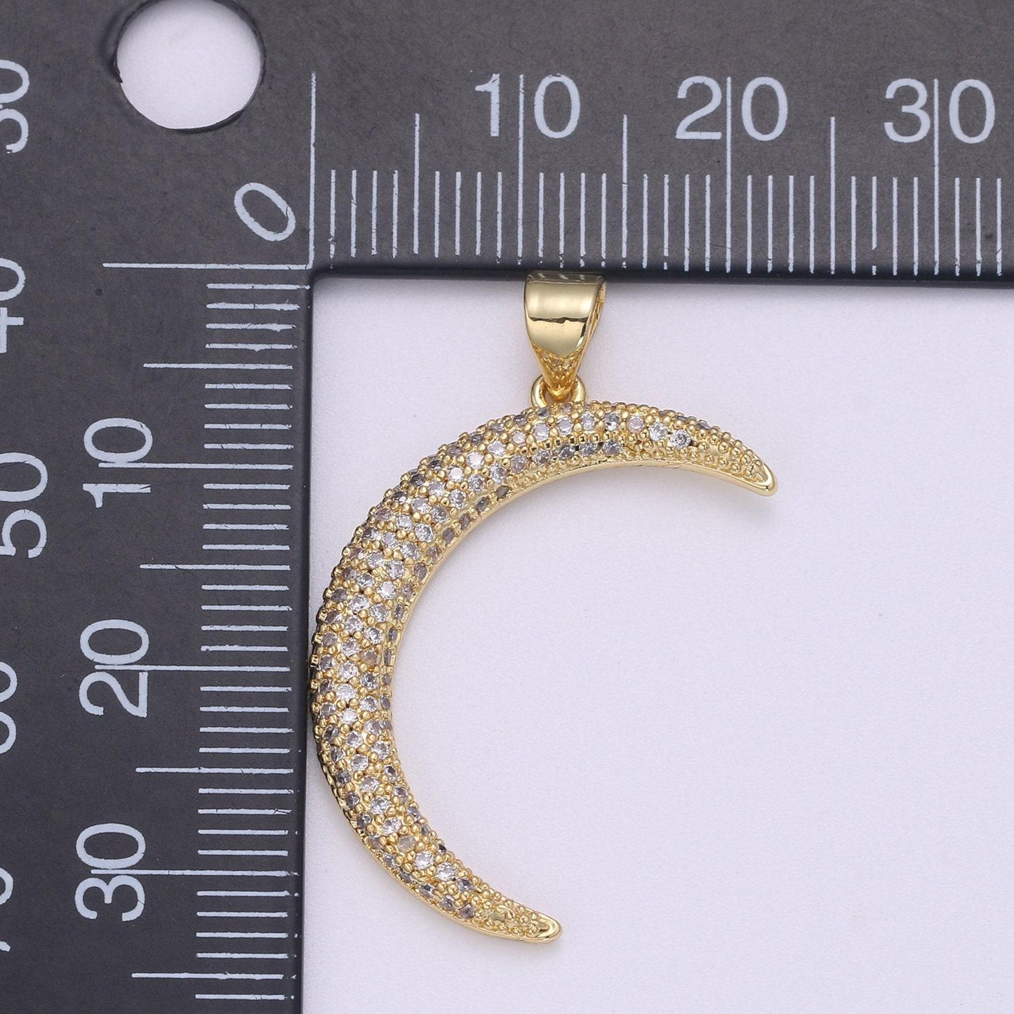 Big micro pave crescent moon charm, cz clear 14k gold-white gold pendant, cubic necklace charm celestial jewelry making pd-2129