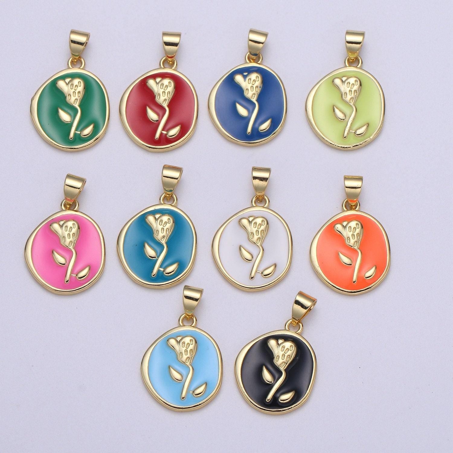 1pc epoxy tulip in 24k gold round charm, enamel flower charm, gold enamel charms, dainty pink, red, teal, white, lime green pendant, pd-2191