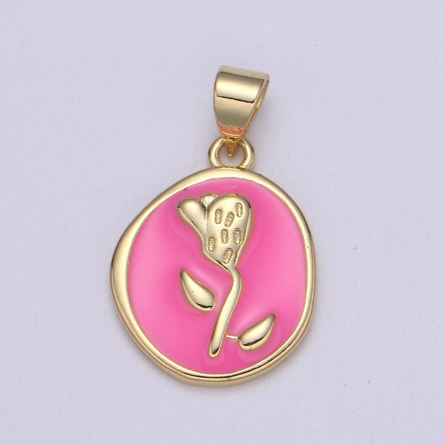 1pc epoxy tulip in 24k gold round charm, enamel flower charm, gold enamel charms, dainty pink, red, teal, white, lime green pendant, pd-2191