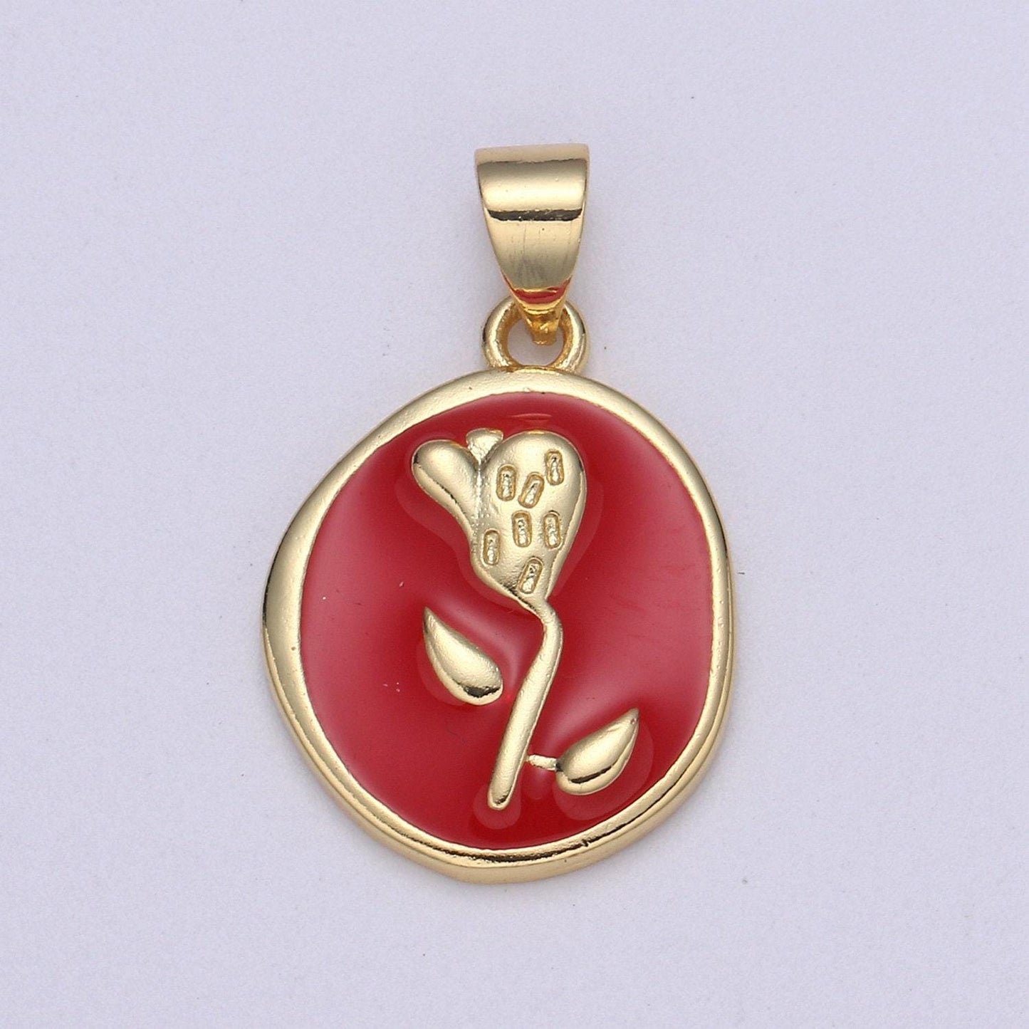 1pc epoxy tulip in 24k gold round charm, enamel flower charm, gold enamel charms, dainty pink, red, teal, white, lime green pendant, pd-2191