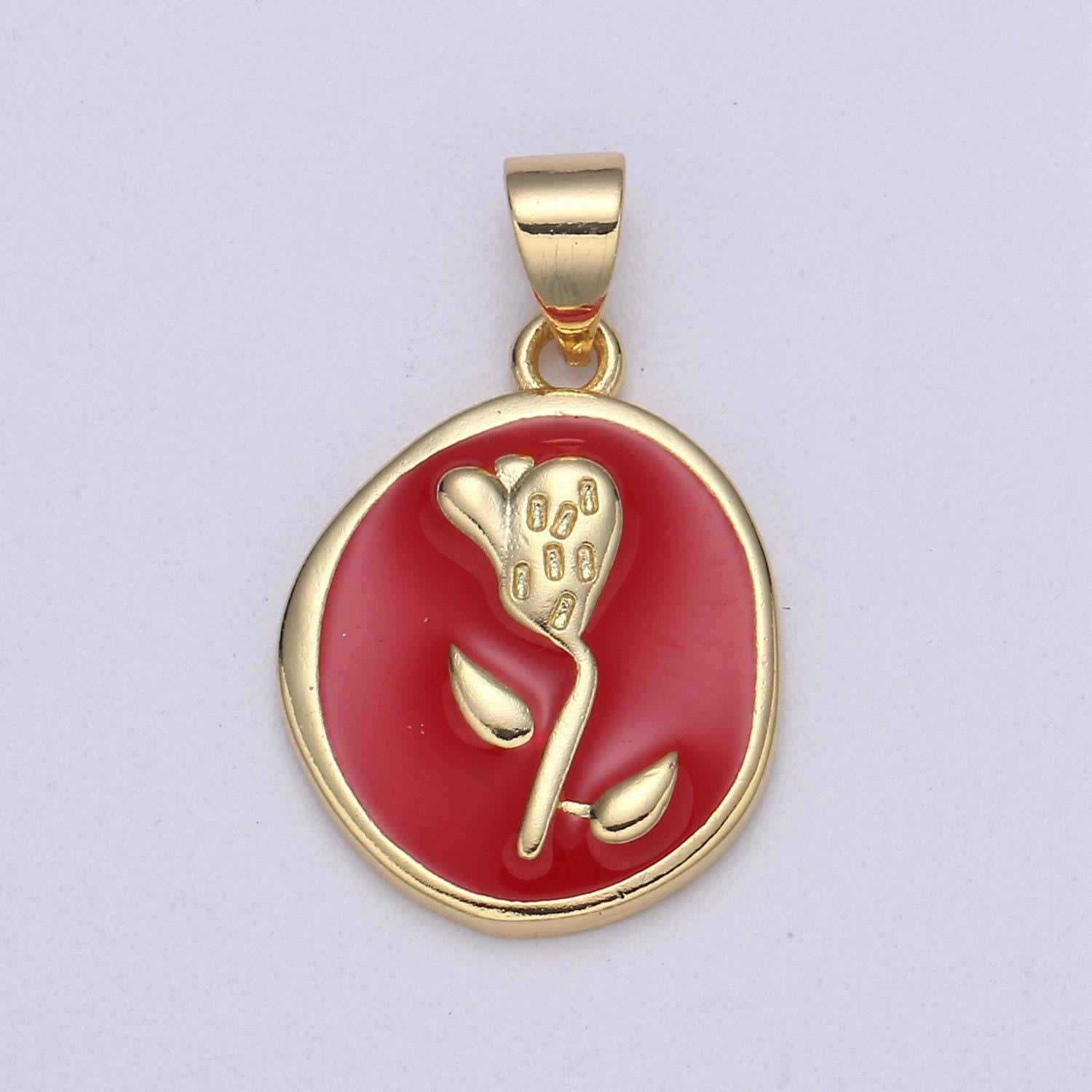 1pc epoxy tulip in 24k gold round charm, enamel flower charm, gold enamel charms, dainty pink, red, teal, white, lime green pendant, pd-2191
