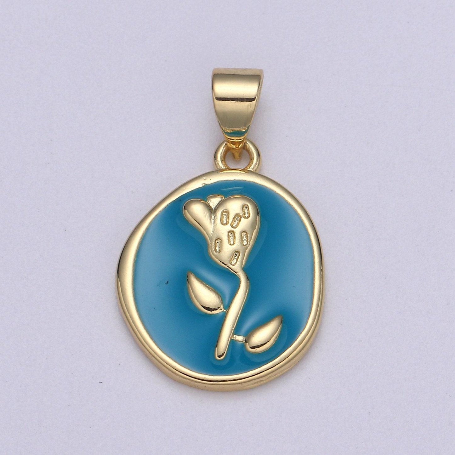 1pc epoxy tulip in 24k gold round charm, enamel flower charm, gold enamel charms, dainty pink, red, teal, white, lime green pendant, pd-2191