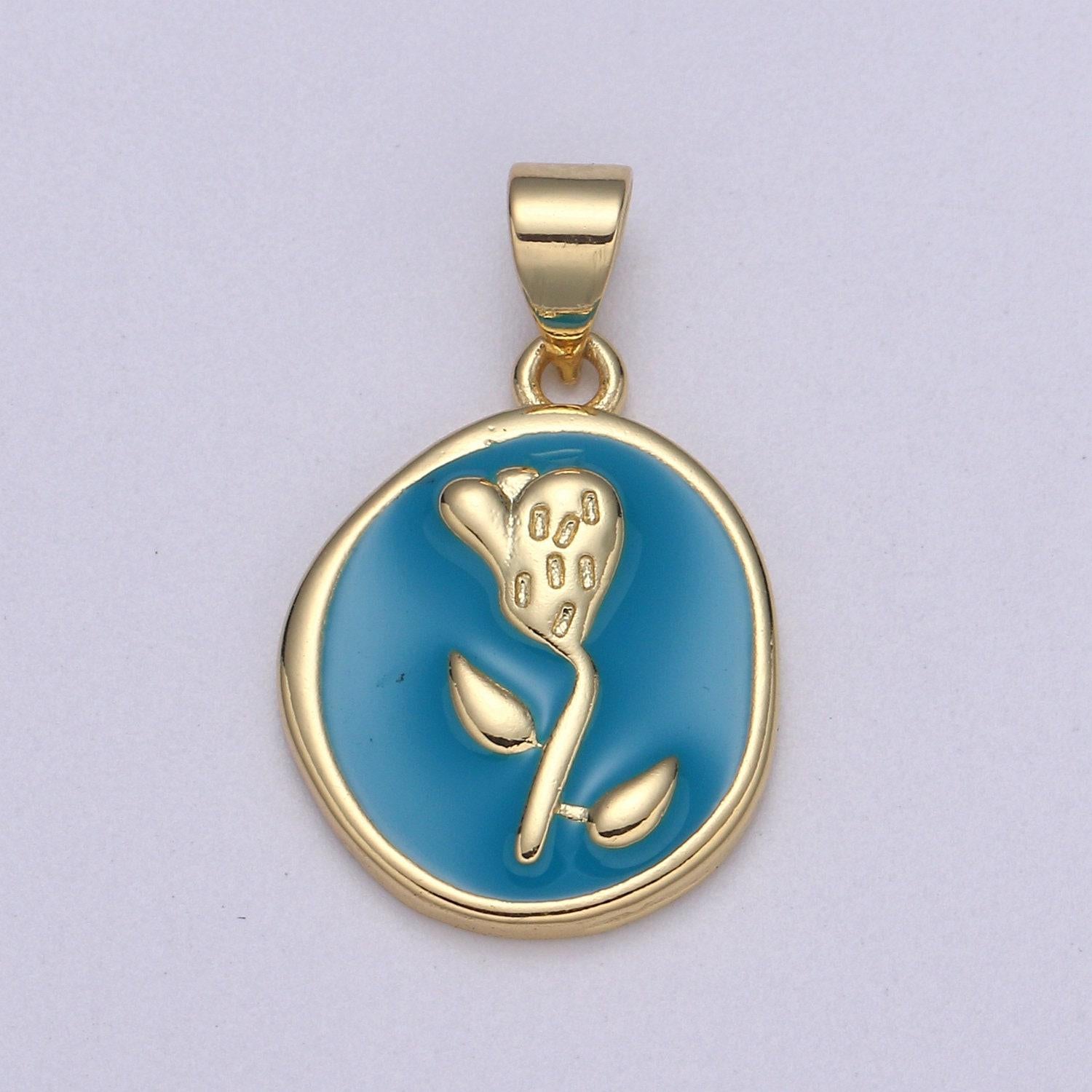 1pc epoxy tulip in 24k gold round charm, enamel flower charm, gold enamel charms, dainty pink, red, teal, white, lime green pendant, pd-2191