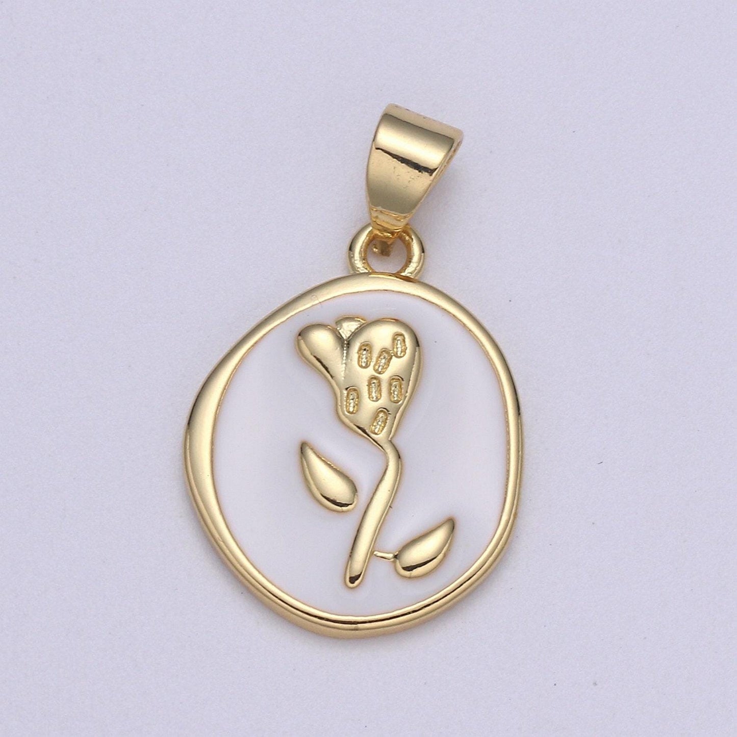 1pc epoxy tulip in 24k gold round charm, enamel flower charm, gold enamel charms, dainty pink, red, teal, white, lime green pendant, pd-2191