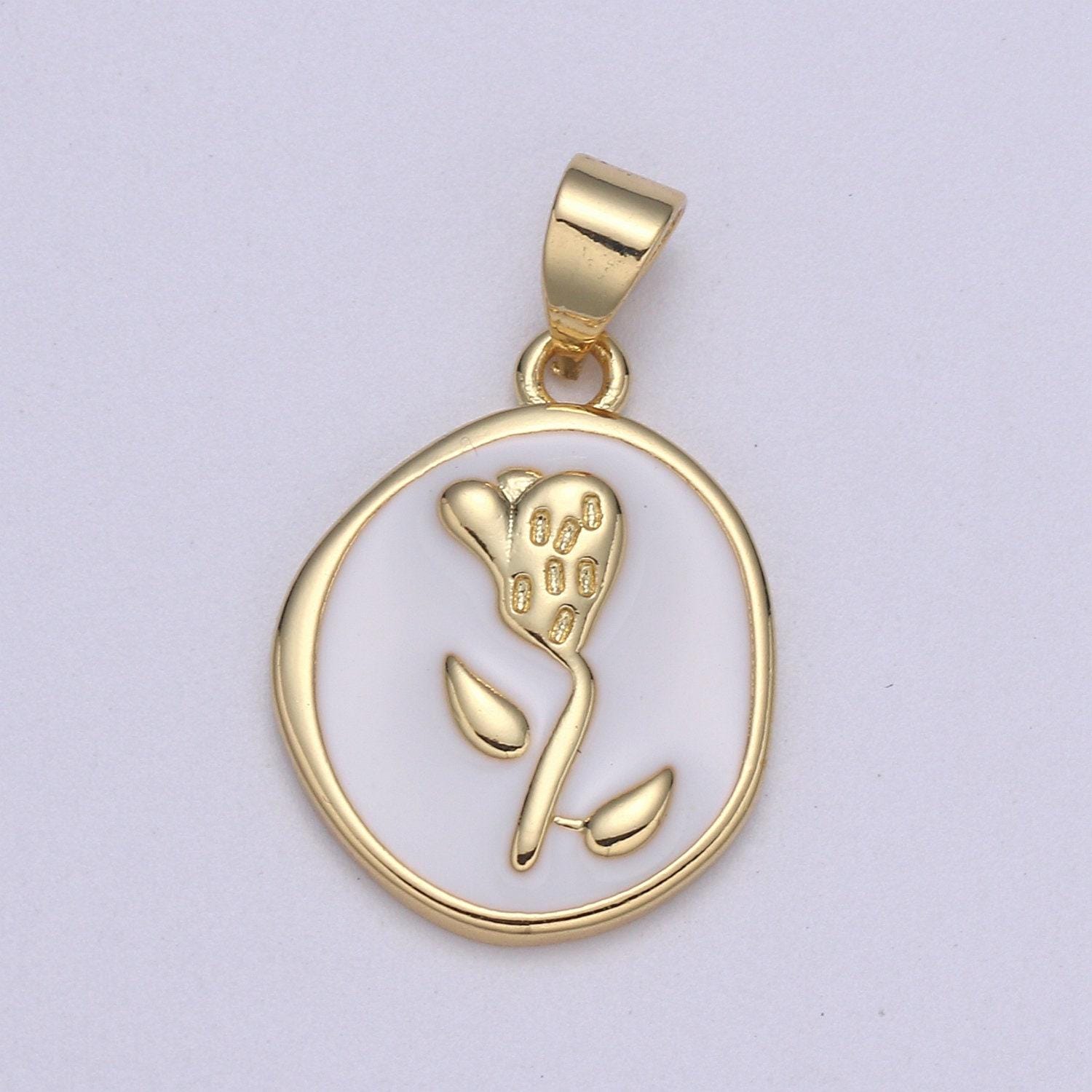 1pc epoxy tulip in 24k gold round charm, enamel flower charm, gold enamel charms, dainty pink, red, teal, white, lime green pendant, pd-2191