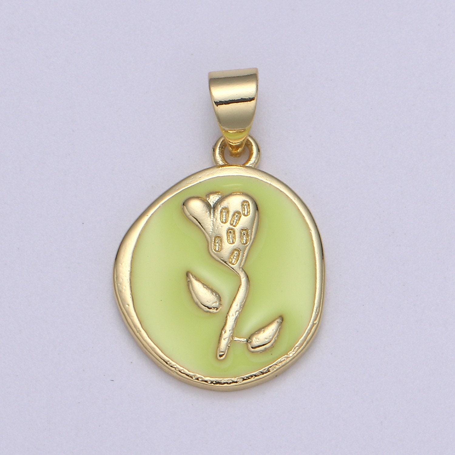 1pc epoxy tulip in 24k gold round charm, enamel flower charm, gold enamel charms, dainty pink, red, teal, white, lime green pendant, pd-2191