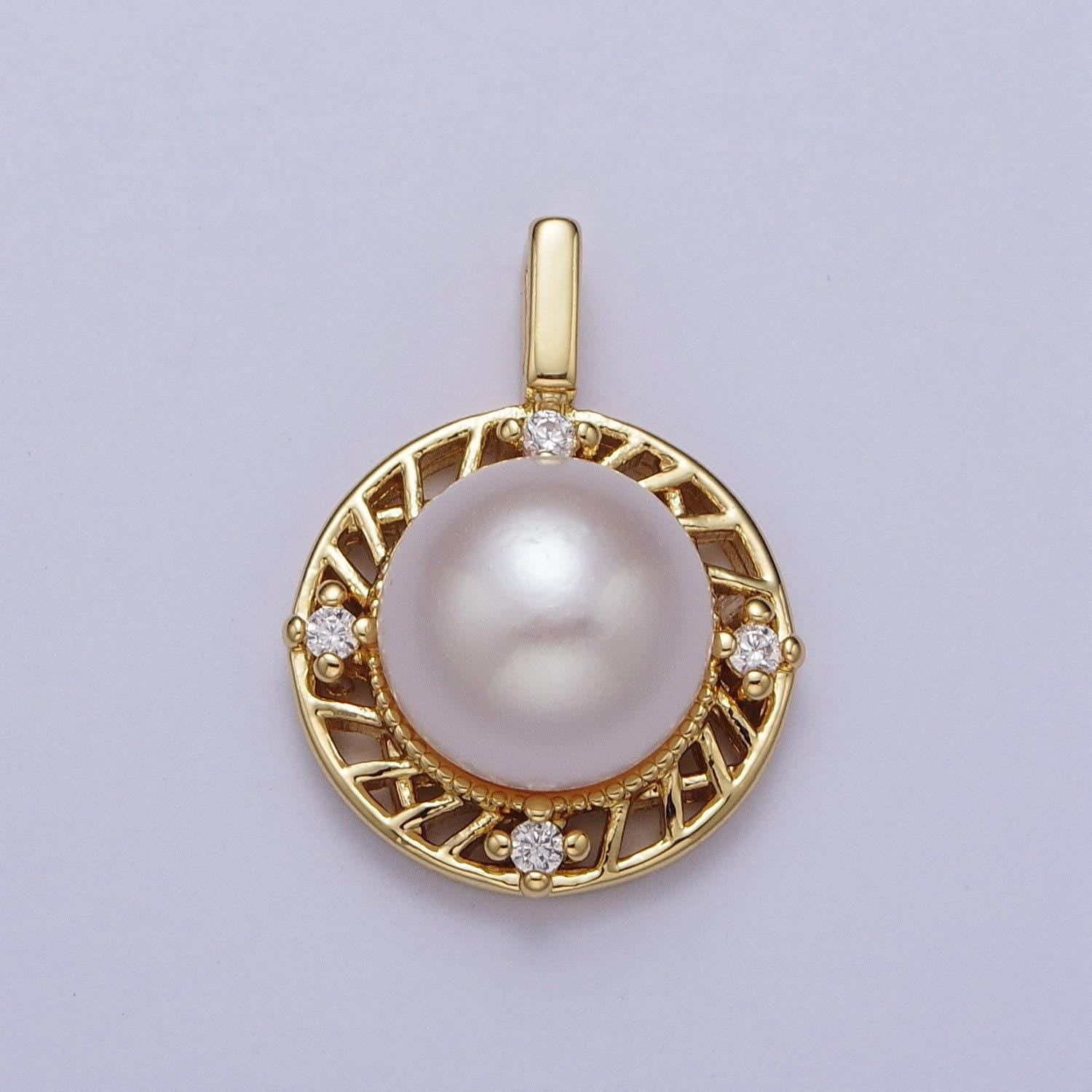 Elegant purple white round shell pearl circular pendant, 24k gold plated micro paved clear cz cuts edge mother of pearl charm | h-077, h-715