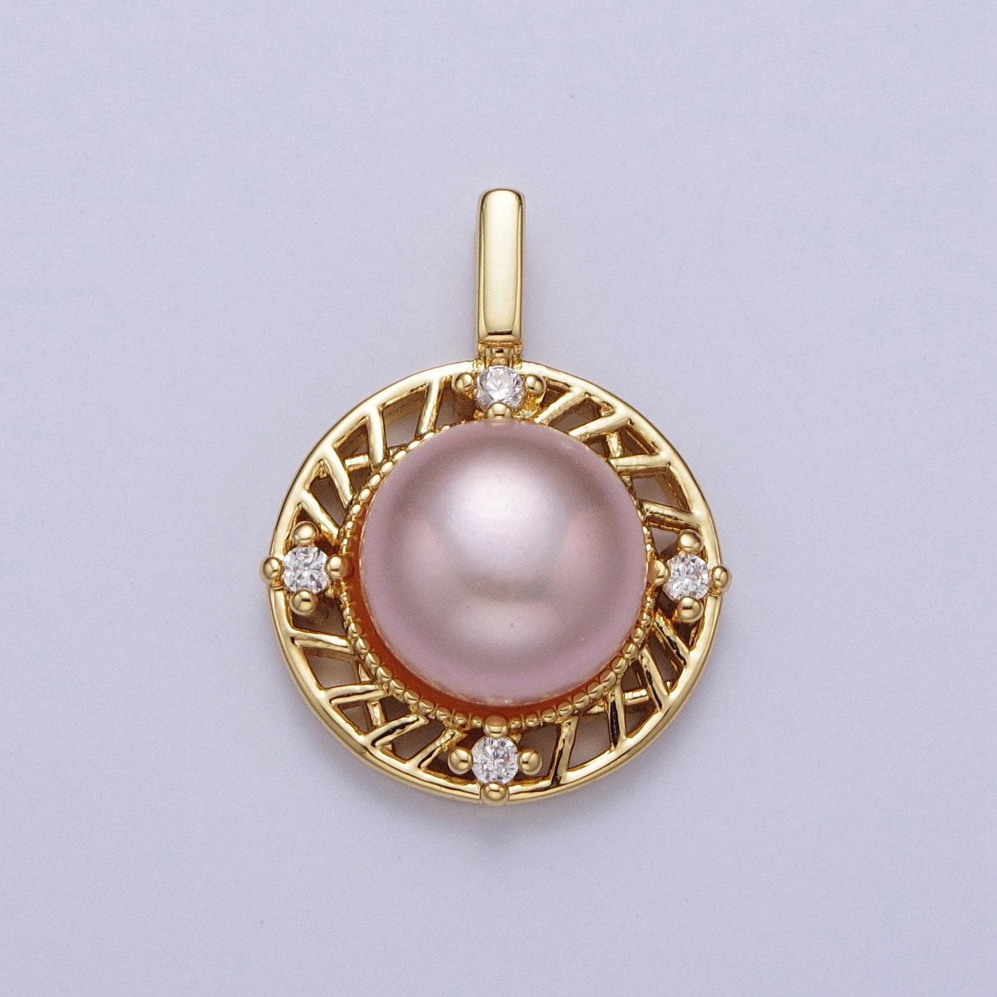 Elegant purple white round shell pearl circular pendant, 24k gold plated micro paved clear cz cuts edge mother of pearl charm | h-077, h-715