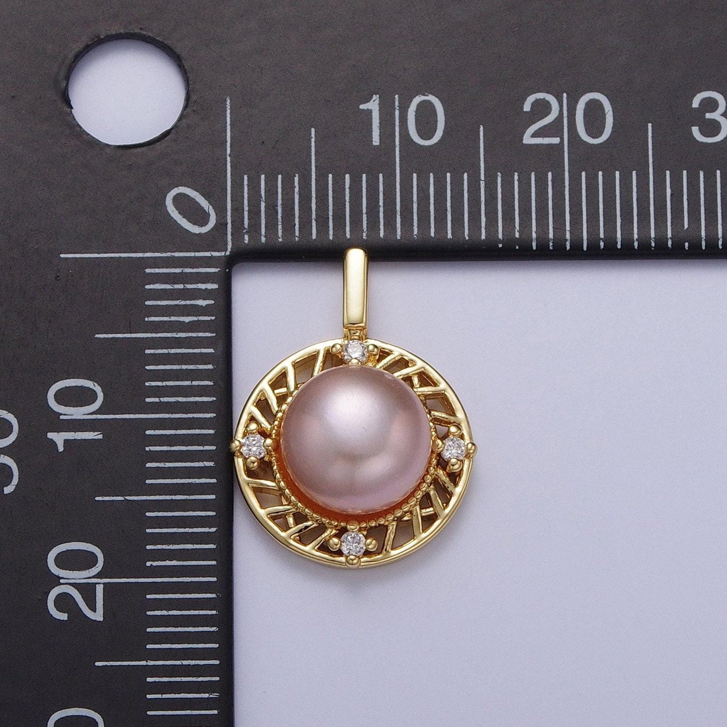Elegant purple white round shell pearl circular pendant, 24k gold plated micro paved clear cz cuts edge mother of pearl charm | h-077, h-715