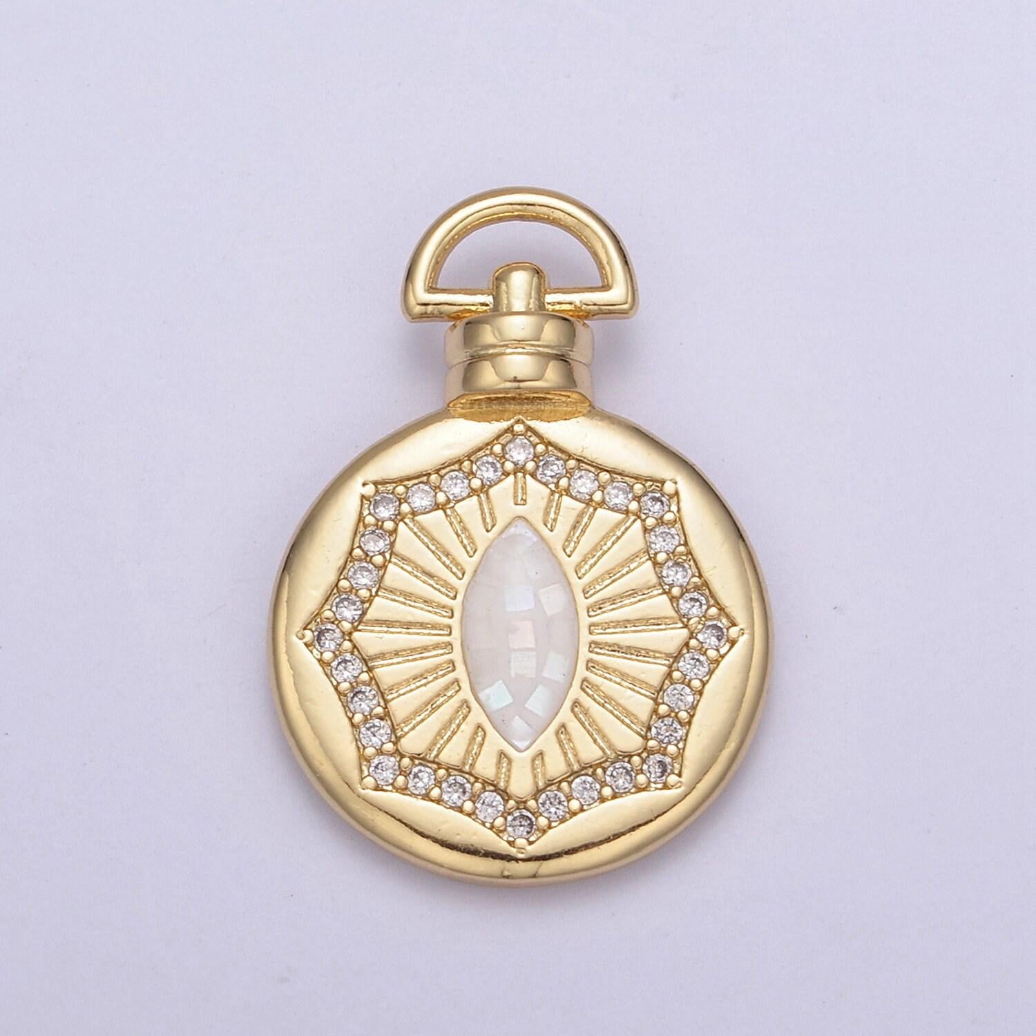 24k gold round pink/white sharp oval/marquise medallion with micro pave cubic zirconia, unisex charm pendant for diy jewelry making findings