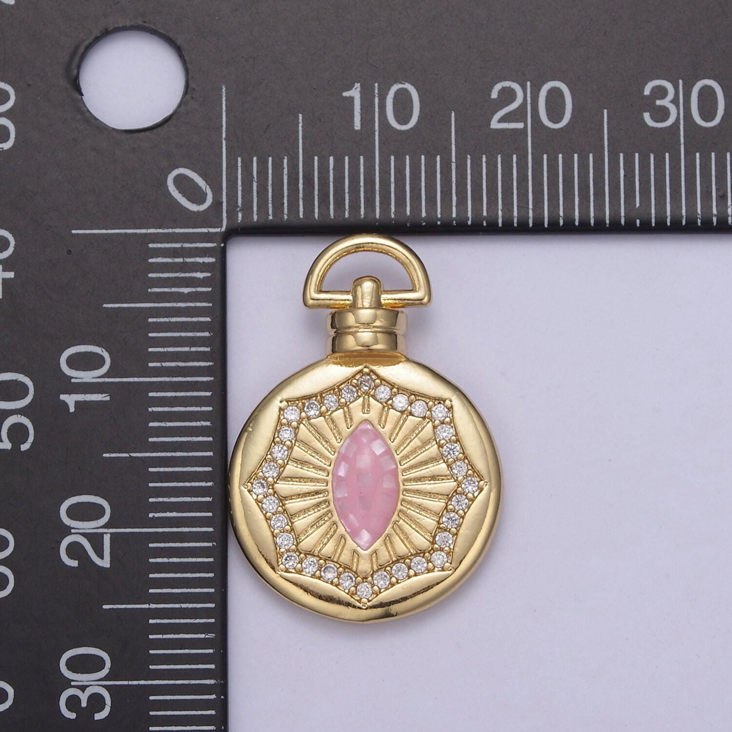 24k gold round pink/white sharp oval/marquise medallion with micro pave cubic zirconia, unisex charm pendant for diy jewelry making findings