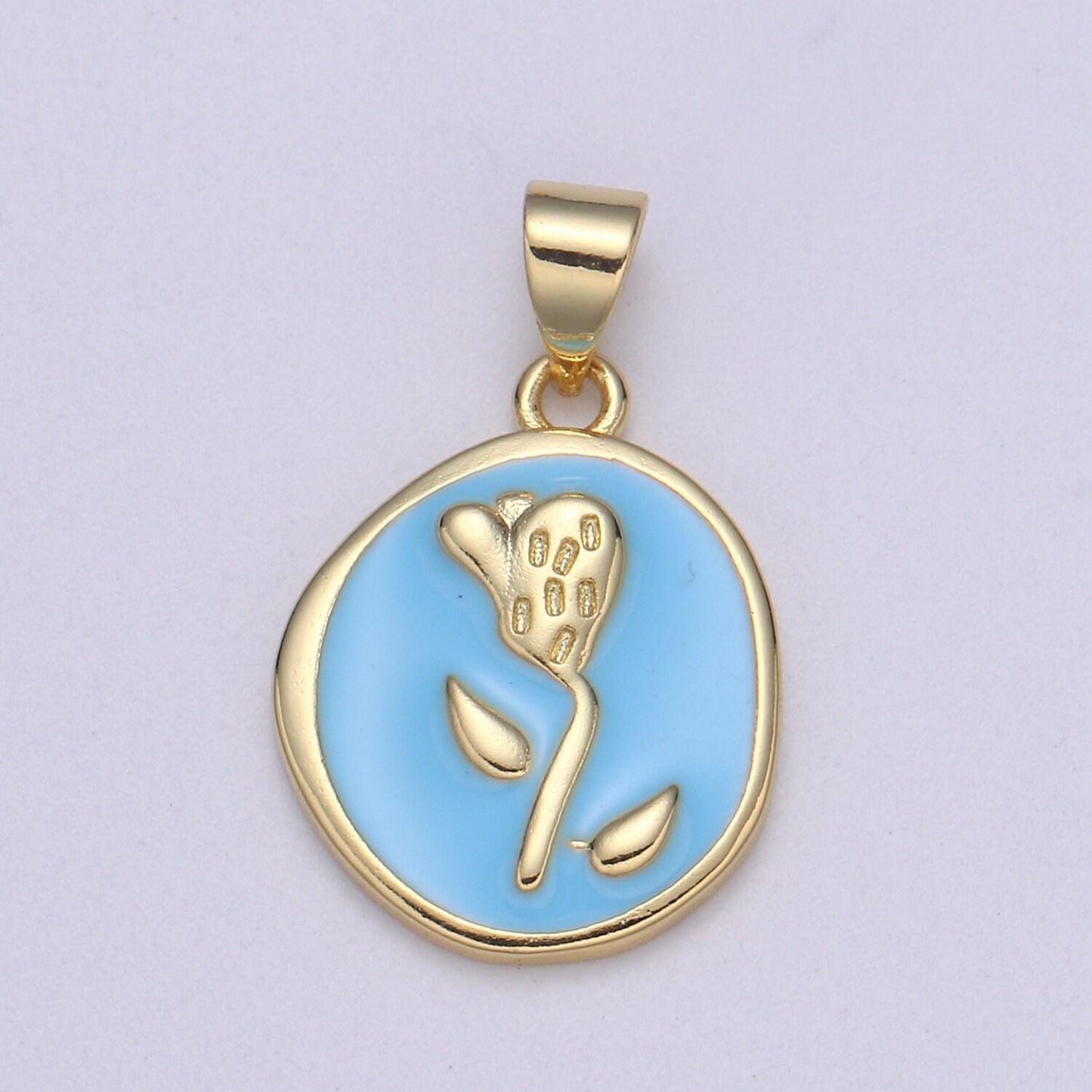 1pc enamel tulip in 24k gold round charm, enamel flower charm, gold charms, dainty skyblue, black, blue, green orange pendant, pd-2191