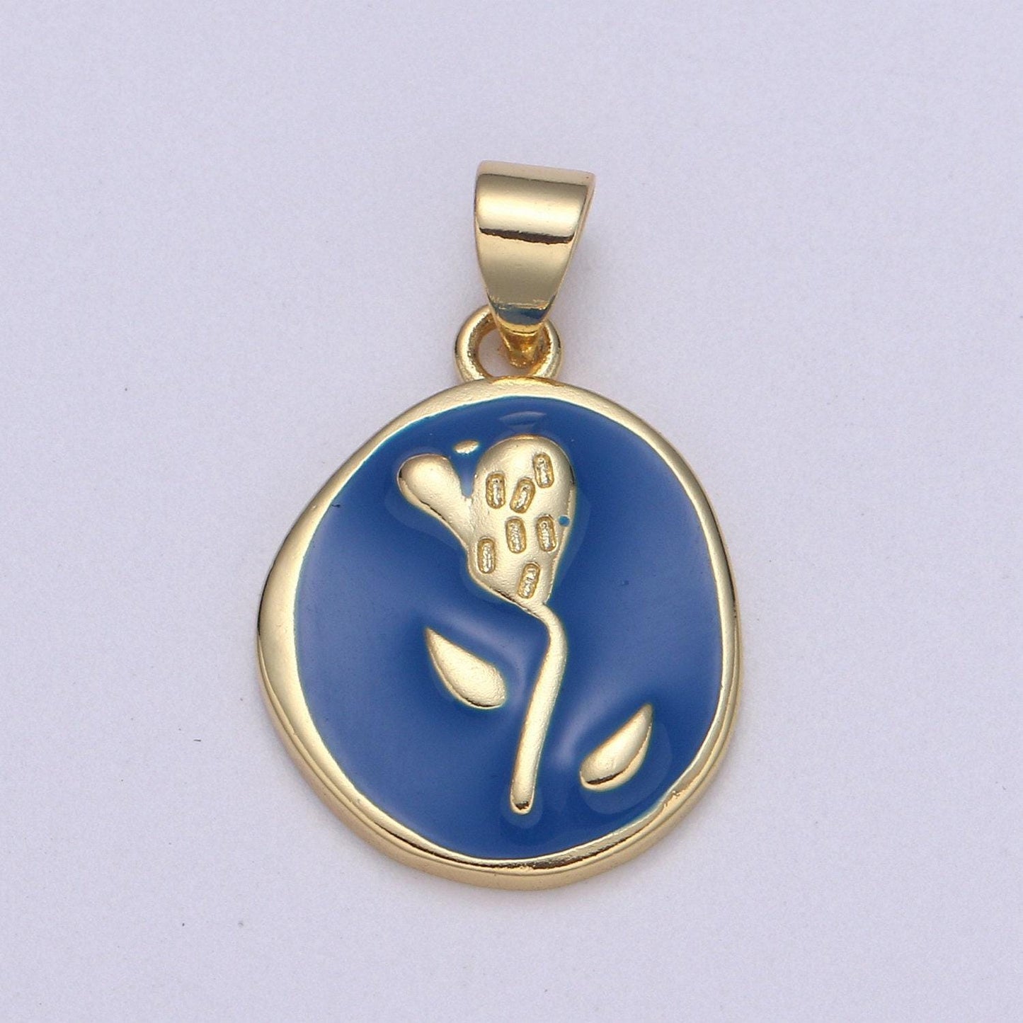 1pc enamel tulip in 24k gold round charm, enamel flower charm, gold charms, dainty skyblue, black, blue, green orange pendant, pd-2191