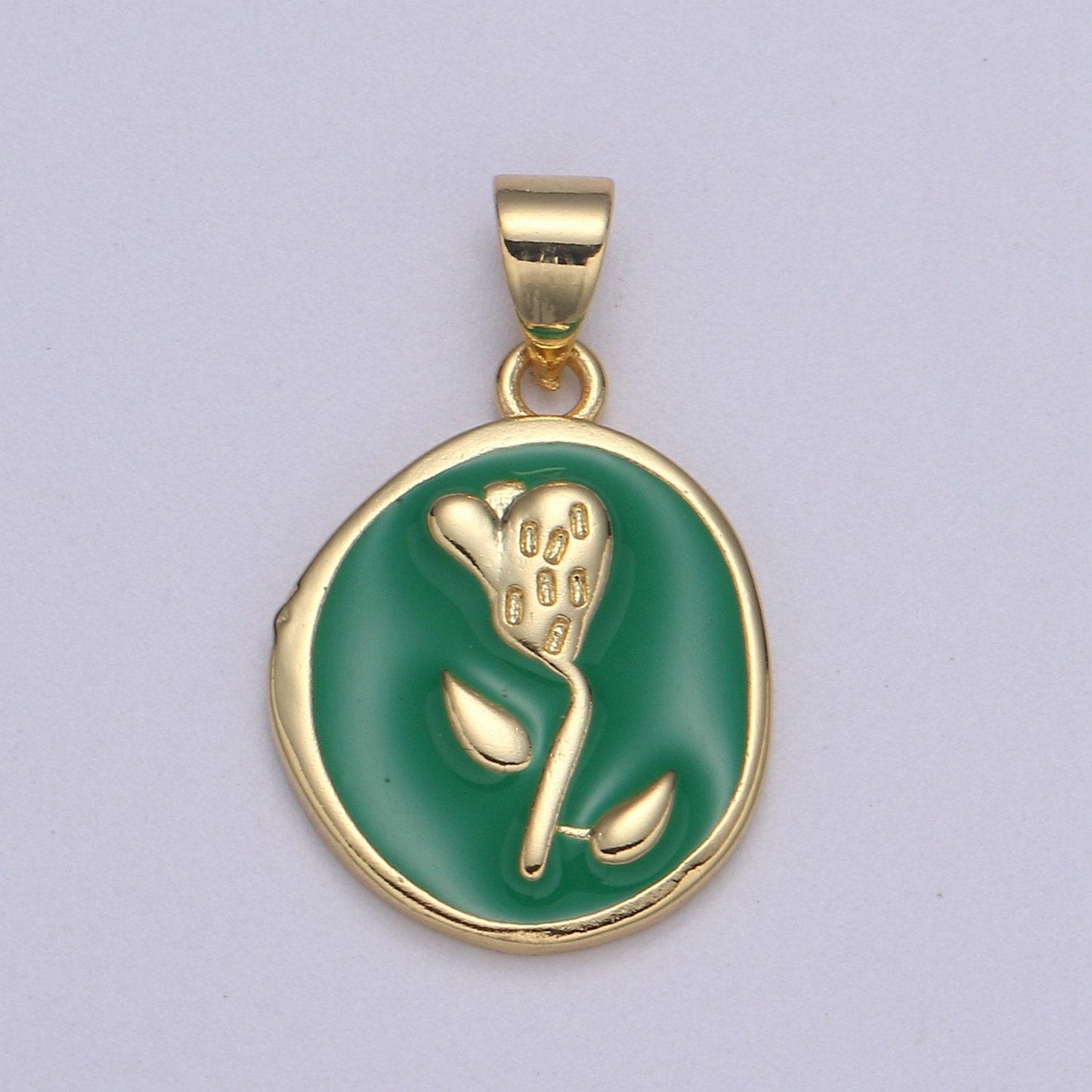 1pc enamel tulip in 24k gold round charm, enamel flower charm, gold charms, dainty skyblue, black, blue, green orange pendant, pd-2191