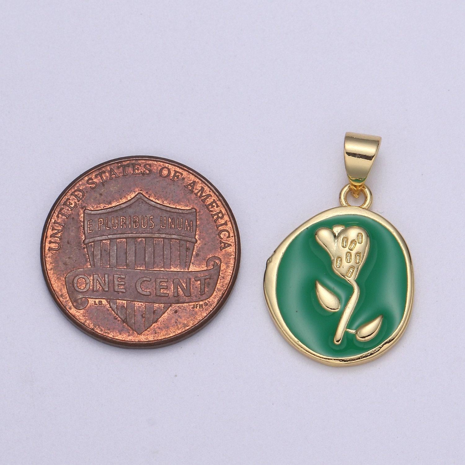 1pc enamel tulip in 24k gold round charm, enamel flower charm, gold charms, dainty skyblue, black, blue, green orange pendant, pd-2191