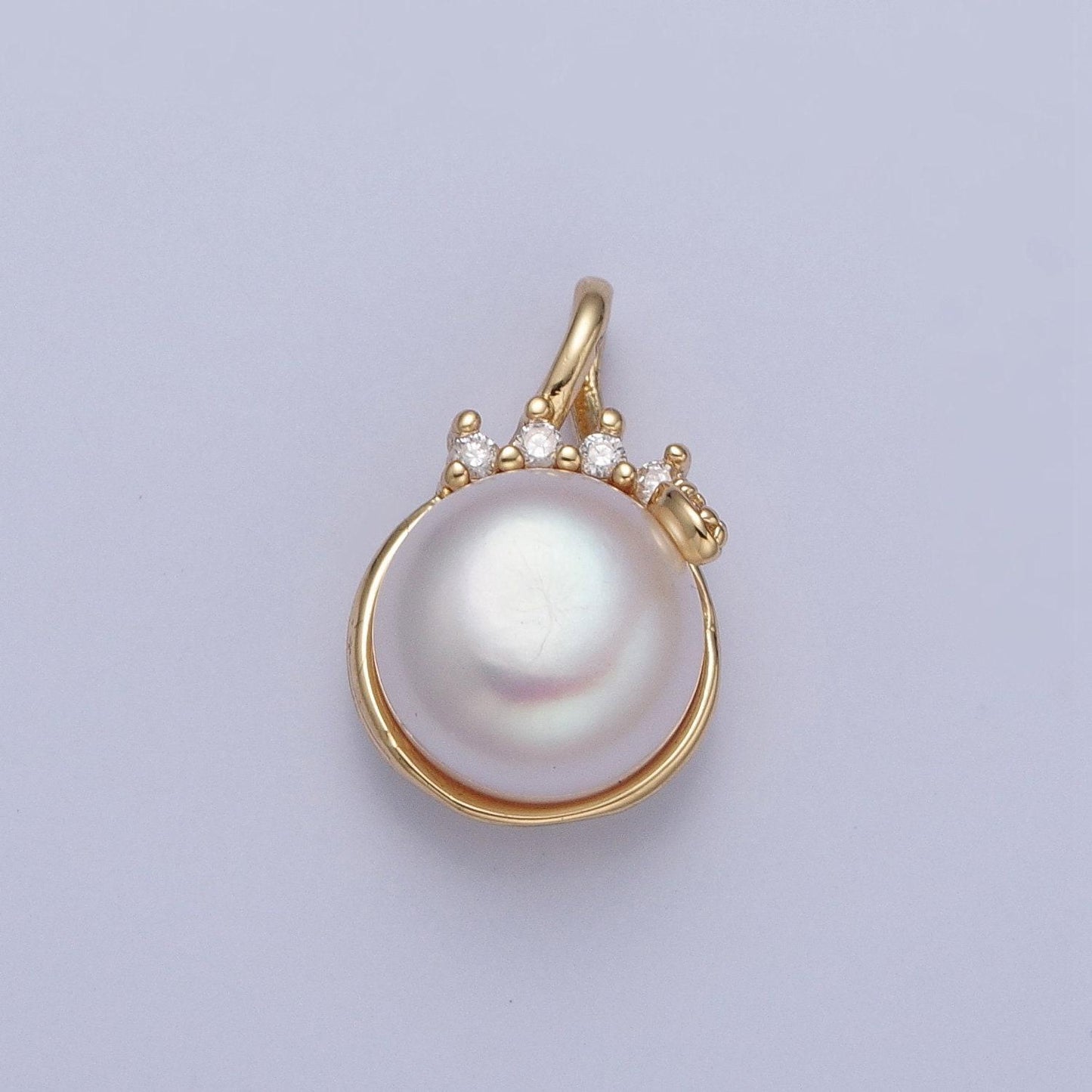 24k gold filled solitaire white pearl crowned top micro pave cz stone pendant, gold charm white pearl diy jewelry necklace making | h-686
