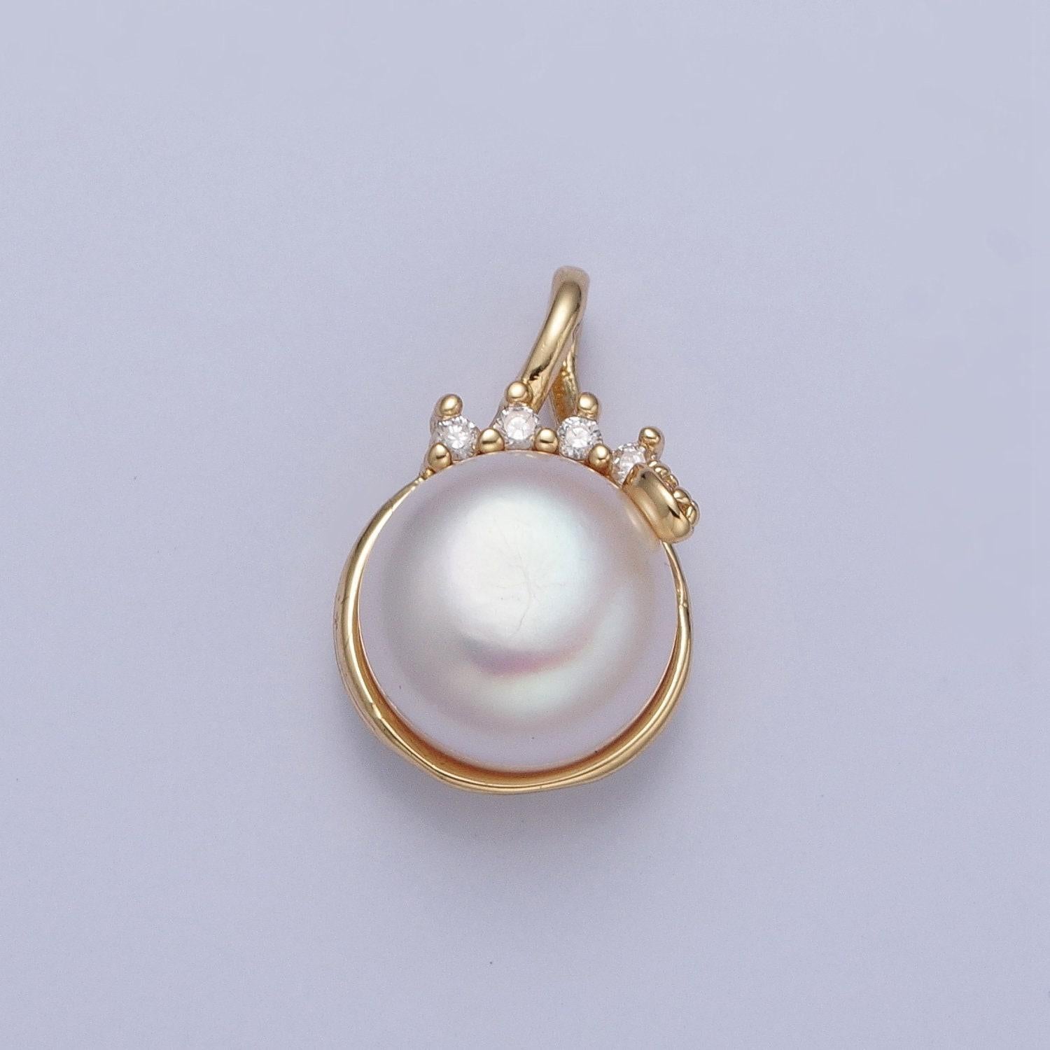 24k gold filled solitaire white pearl crowned top micro pave cz stone pendant, gold charm white pearl diy jewelry necklace making | h-686
