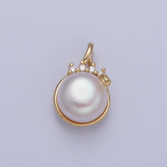 24k gold filled solitaire white pearl crowned top micro pave cz stone pendant, gold charm white pearl diy jewelry necklace making | h-686