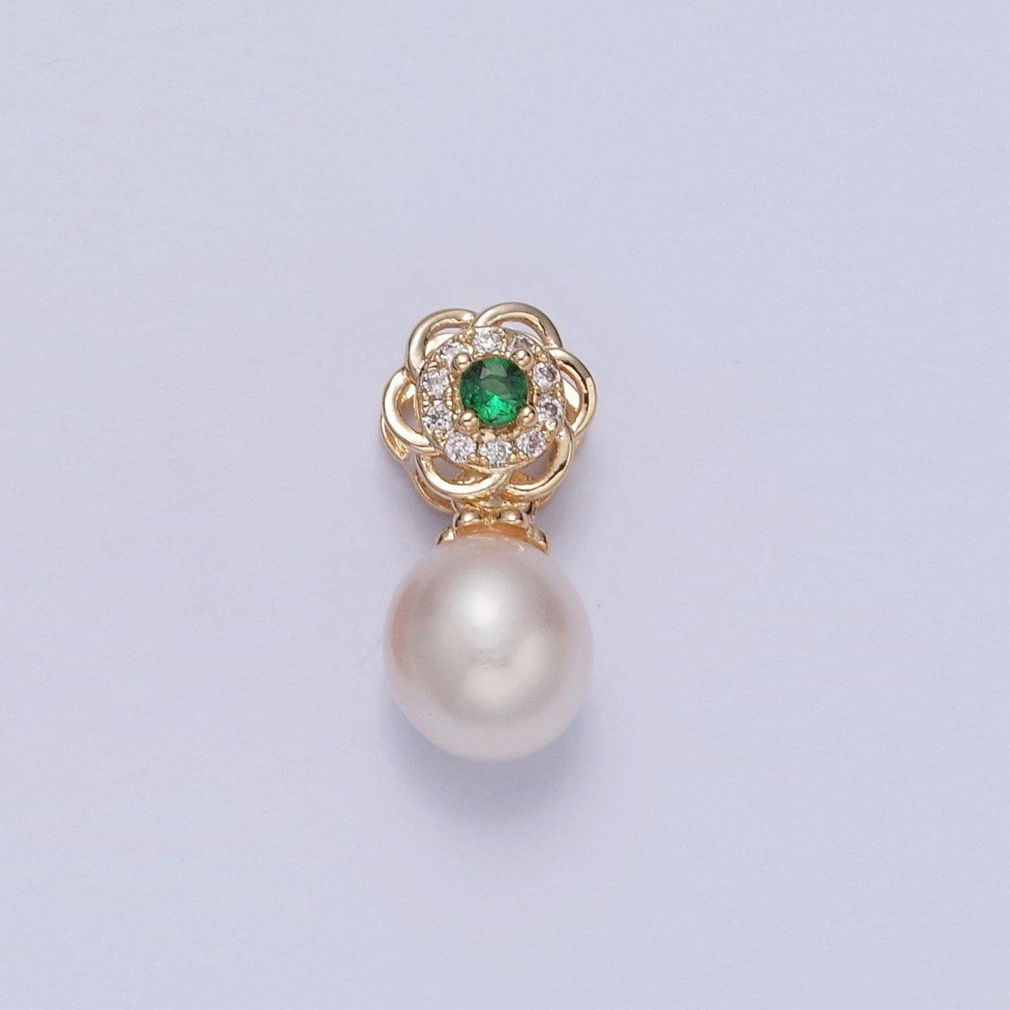 Dainty round pearl cute floral flower emerald green cz eye design micro pave clear cz ball pendant for bracelet necklace component | h-680
