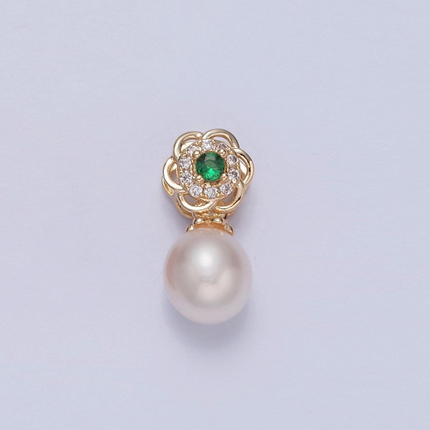 Dainty round pearl cute floral flower emerald green cz eye design micro pave clear cz ball pendant for bracelet necklace component | h-680