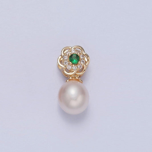Dainty round pearl cute floral flower emerald green cz eye design micro pave clear cz ball pendant for bracelet necklace component | h-680