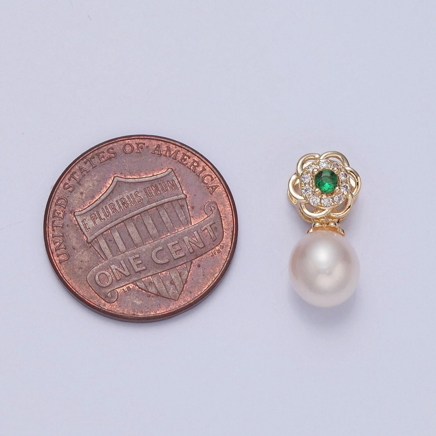 Dainty round pearl cute floral flower emerald green cz eye design micro pave clear cz ball pendant for bracelet necklace component | h-680