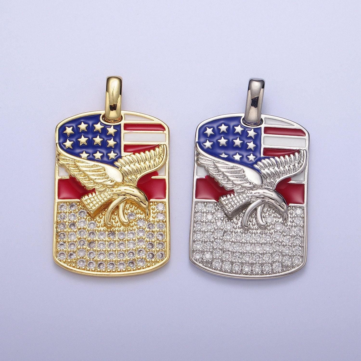 Gold/silver usa patriotic flag bald eagle tag pendant, 14k/white gold plated enamel american flag clear micro paved cz charm | h-614, h-677