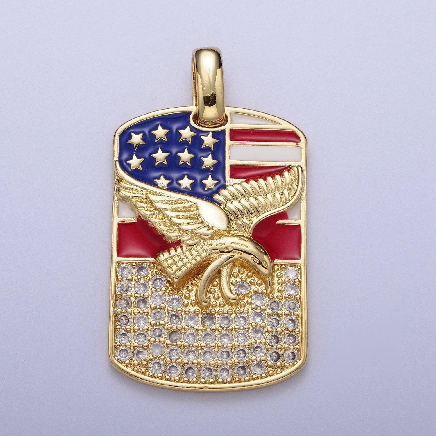 Gold/silver usa patriotic flag bald eagle tag pendant, 14k/white gold plated enamel american flag clear micro paved cz charm | h-614, h-677
