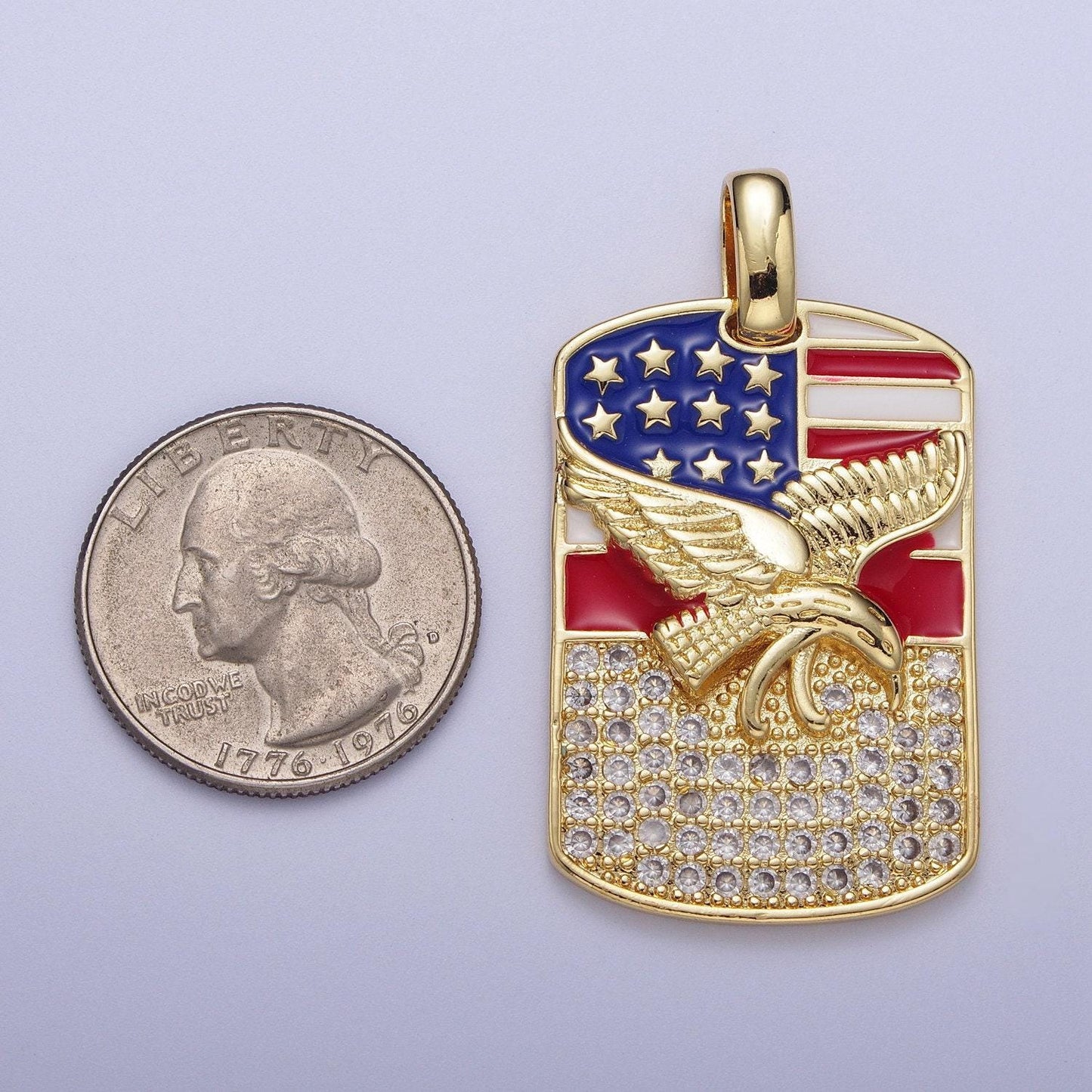 Gold/silver usa patriotic flag bald eagle tag pendant, 14k/white gold plated enamel american flag clear micro paved cz charm | h-614, h-677