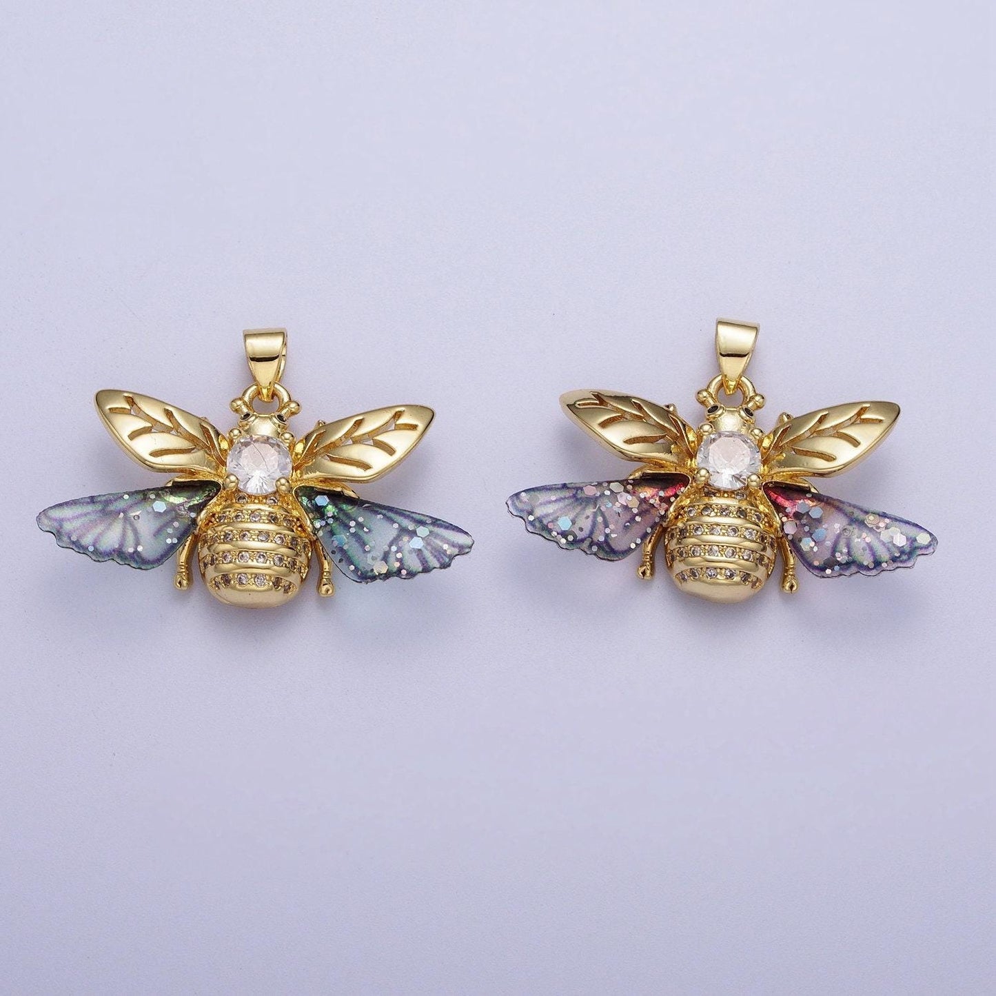 Gold cz blue & fuchsia insect pendant, 24k gold plated micro paved marquise cut cz resin beautiful sparkly bees wasps charm | h-636, h-646