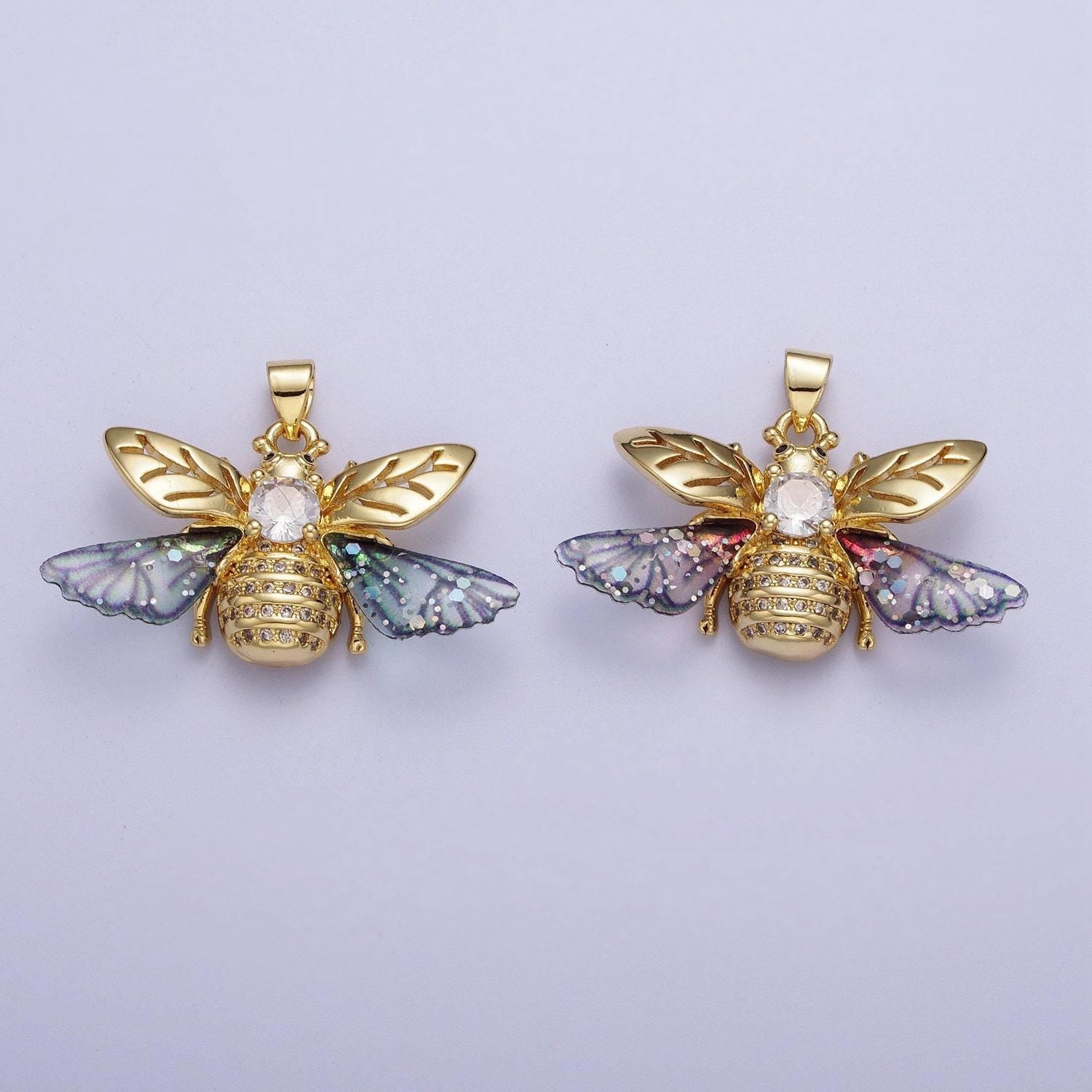 Gold cz blue & fuchsia insect pendant, 24k gold plated micro paved marquise cut cz resin beautiful sparkly bees wasps charm | h-636, h-646