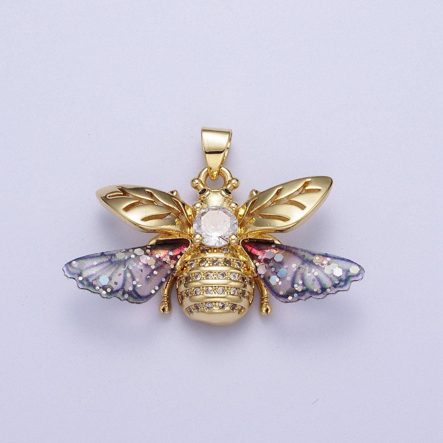 Gold cz blue & fuchsia insect pendant, 24k gold plated micro paved marquise cut cz resin beautiful sparkly bees wasps charm | h-636, h-646