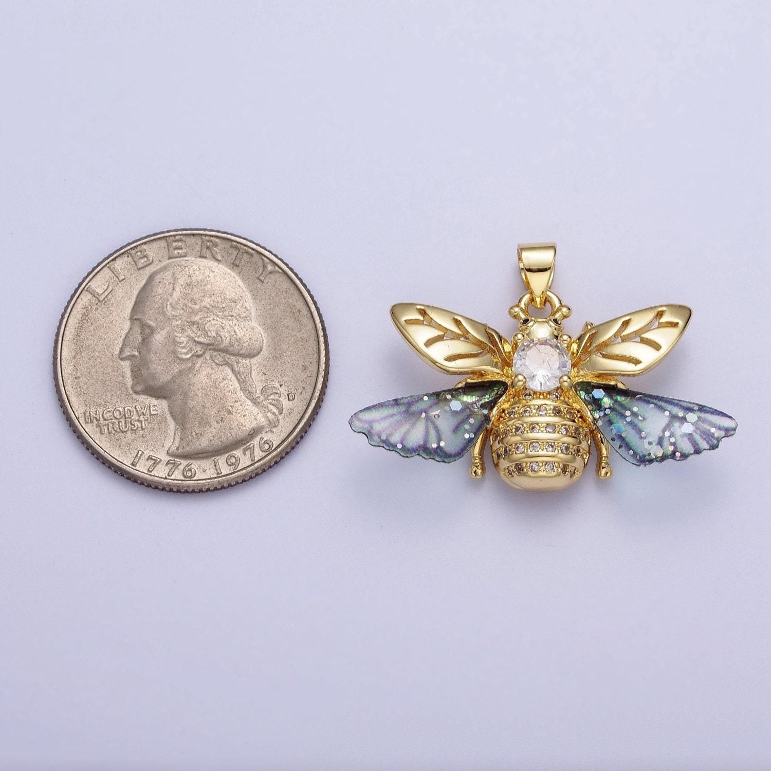 Gold cz blue & fuchsia insect pendant, 24k gold plated micro paved marquise cut cz resin beautiful sparkly bees wasps charm | h-636, h-646