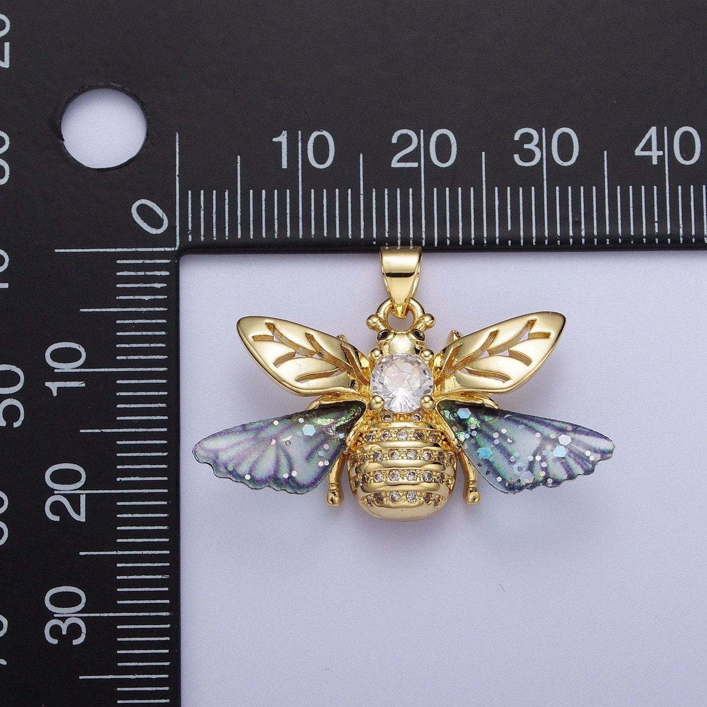 Gold cz blue & fuchsia insect pendant, 24k gold plated micro paved marquise cut cz resin beautiful sparkly bees wasps charm | h-636, h-646