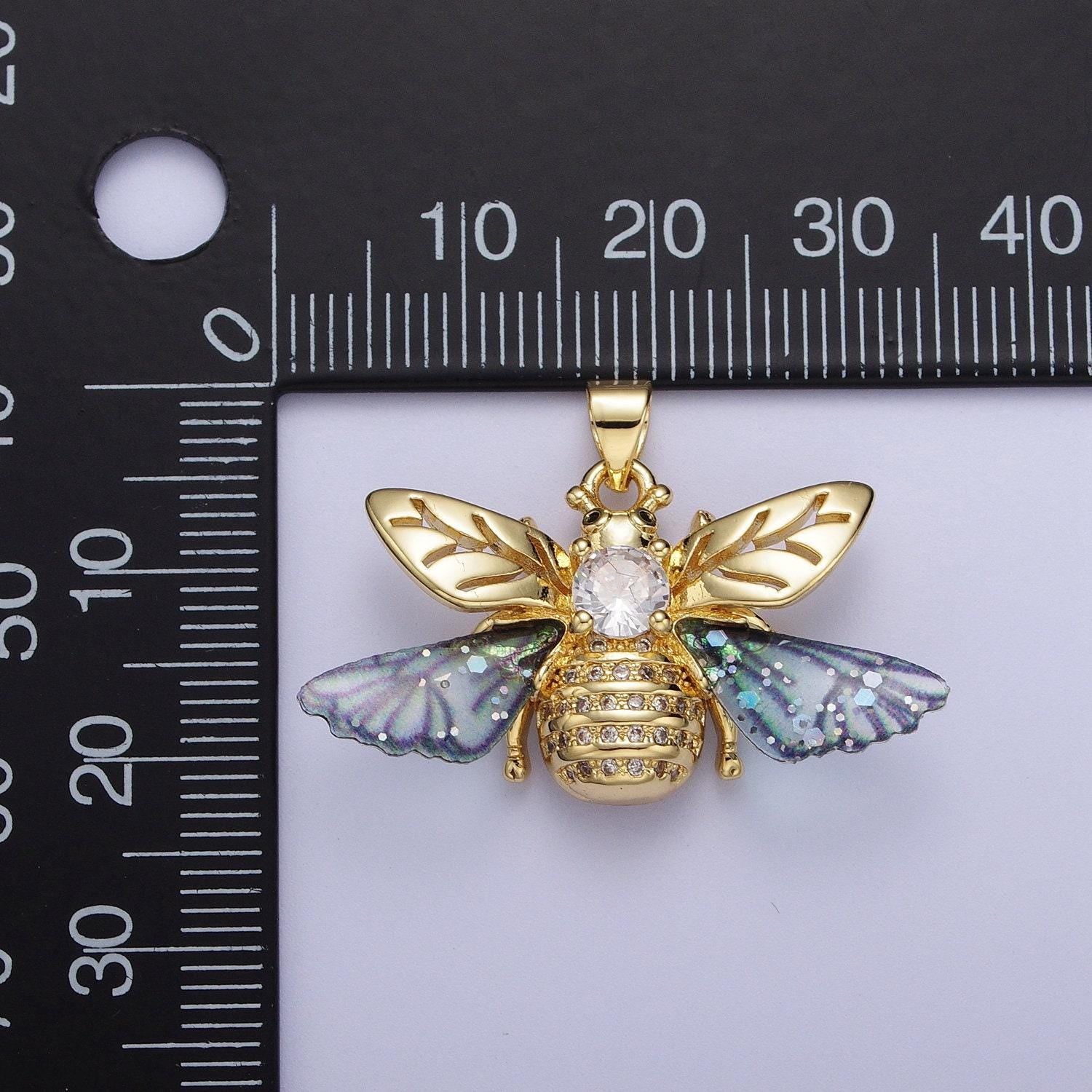 Gold cz blue & fuchsia insect pendant, 24k gold plated micro paved marquise cut cz resin beautiful sparkly bees wasps charm | h-636, h-646