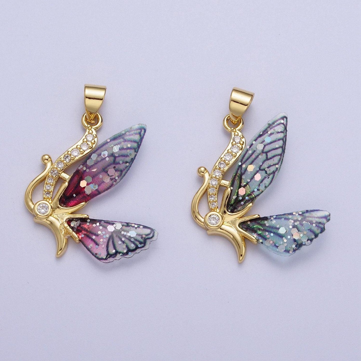 Gold cz blue & fuchsia butterfly fairy pendant, 24k gold plated micro paved marquise cz resin beautiful sparkly fairy charm | h-063, h-640