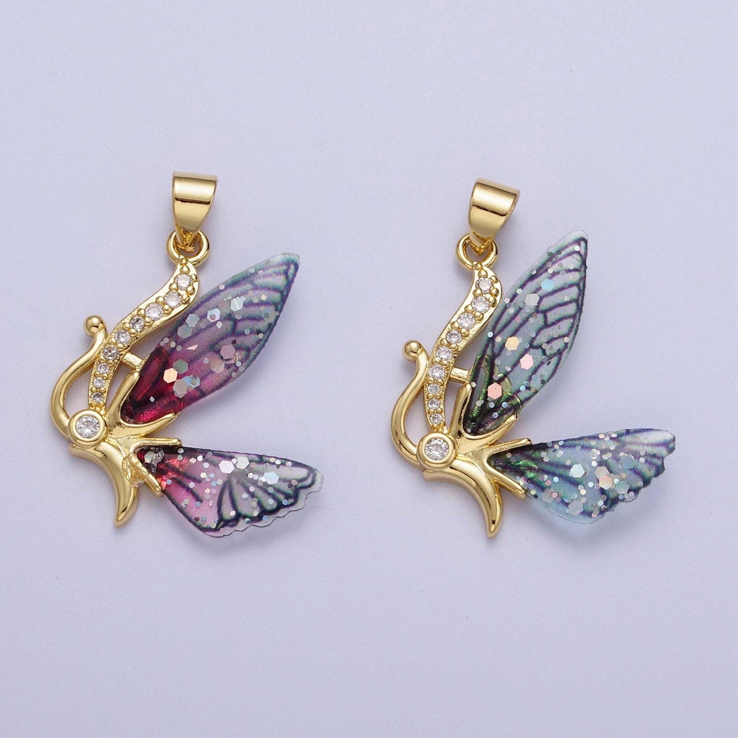 Gold cz blue & fuchsia butterfly fairy pendant, 24k gold plated micro paved marquise cz resin beautiful sparkly fairy charm | h-063, h-640