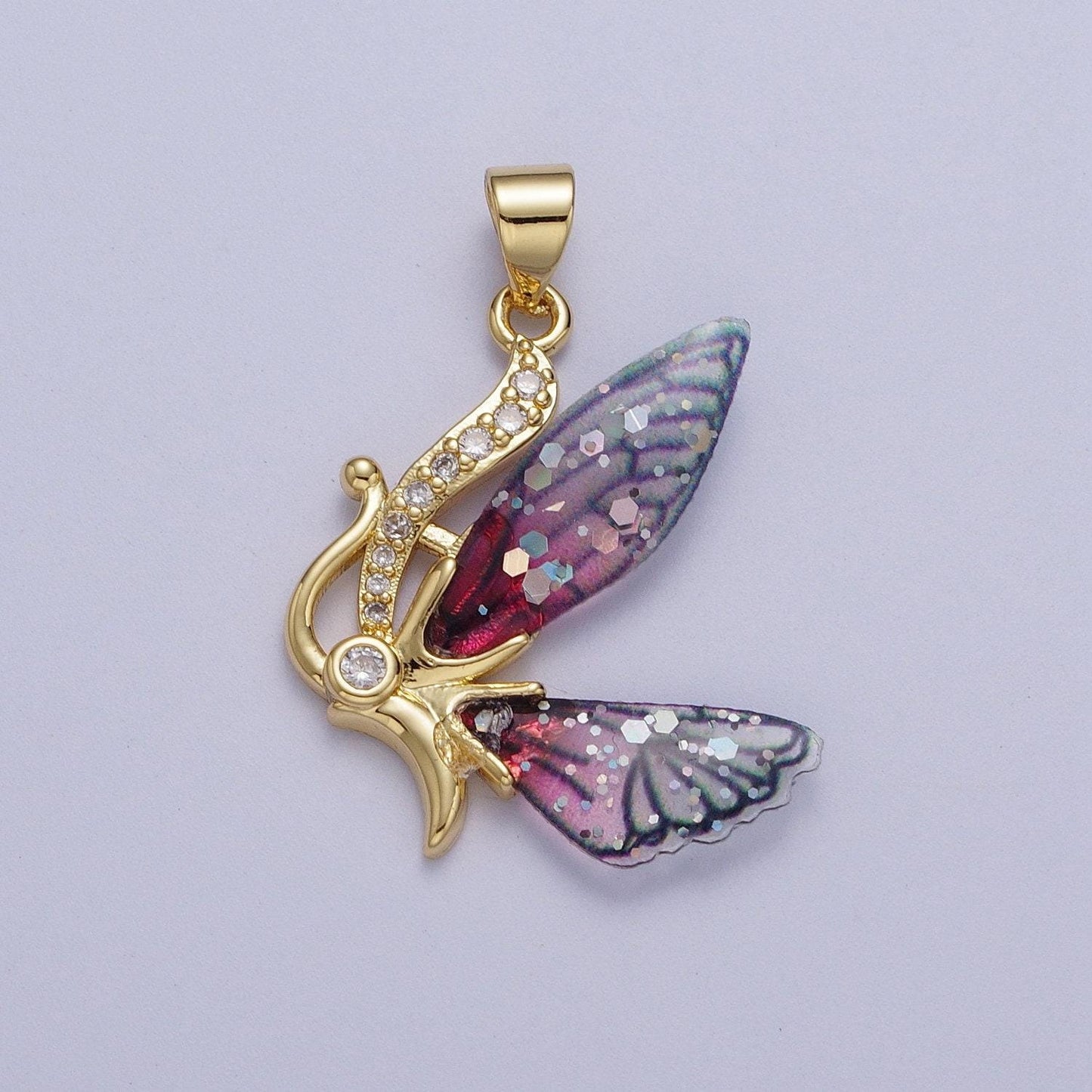 Gold cz blue & fuchsia butterfly fairy pendant, 24k gold plated micro paved marquise cz resin beautiful sparkly fairy charm | h-063, h-640