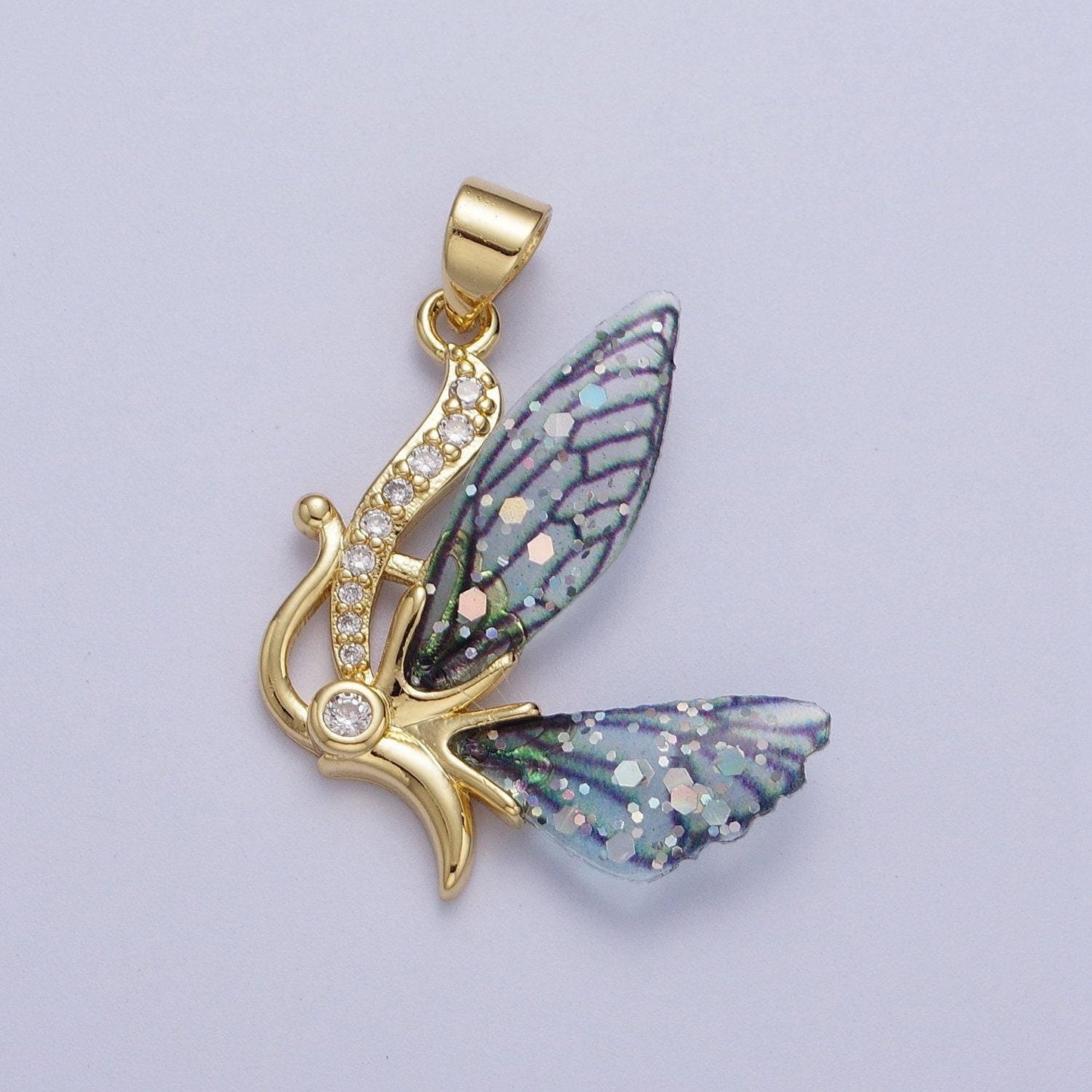 Gold cz blue & fuchsia butterfly fairy pendant, 24k gold plated micro paved marquise cz resin beautiful sparkly fairy charm | h-063, h-640