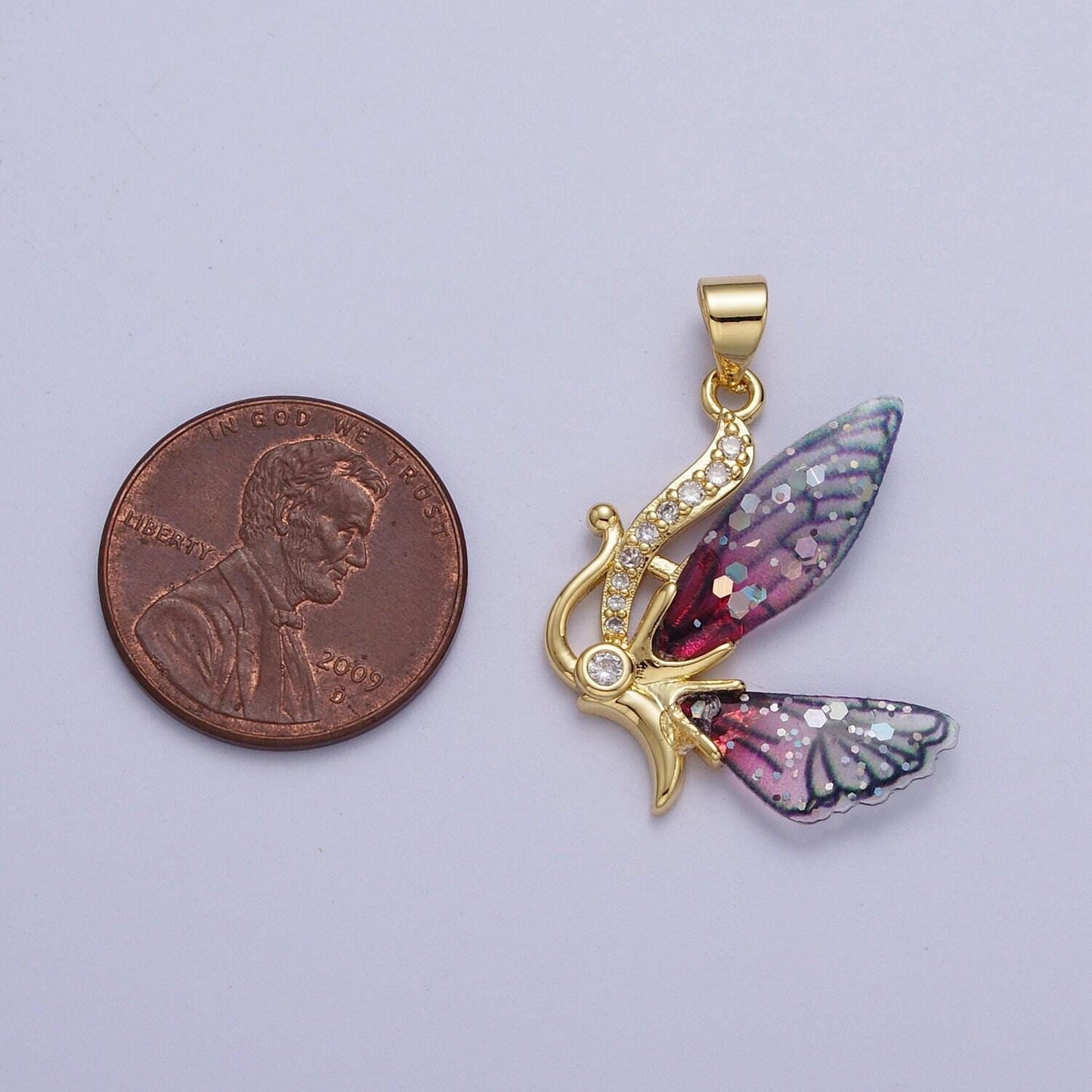 Gold cz blue & fuchsia butterfly fairy pendant, 24k gold plated micro paved marquise cz resin beautiful sparkly fairy charm | h-063, h-640