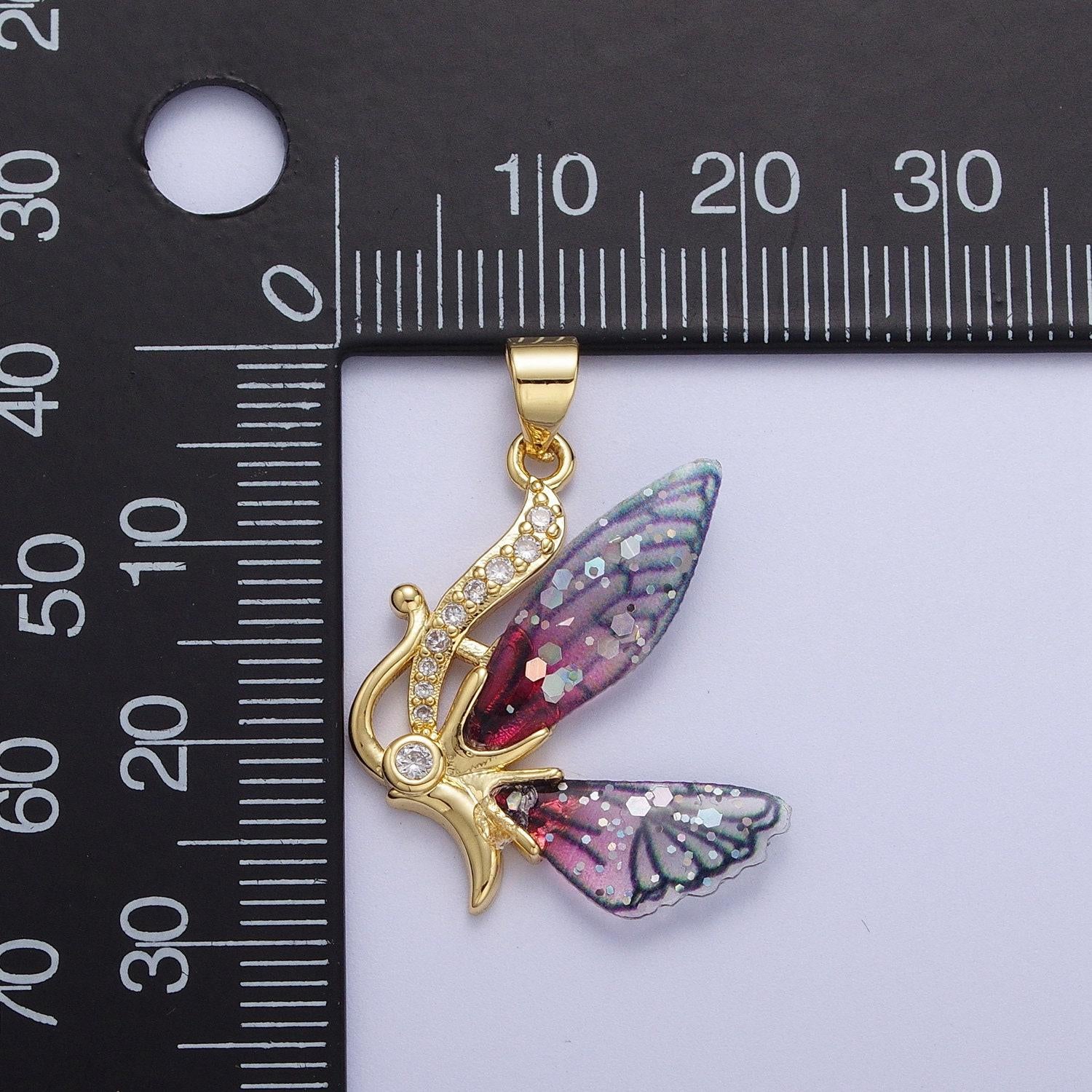 Gold cz blue & fuchsia butterfly fairy pendant, 24k gold plated micro paved marquise cz resin beautiful sparkly fairy charm | h-063, h-640